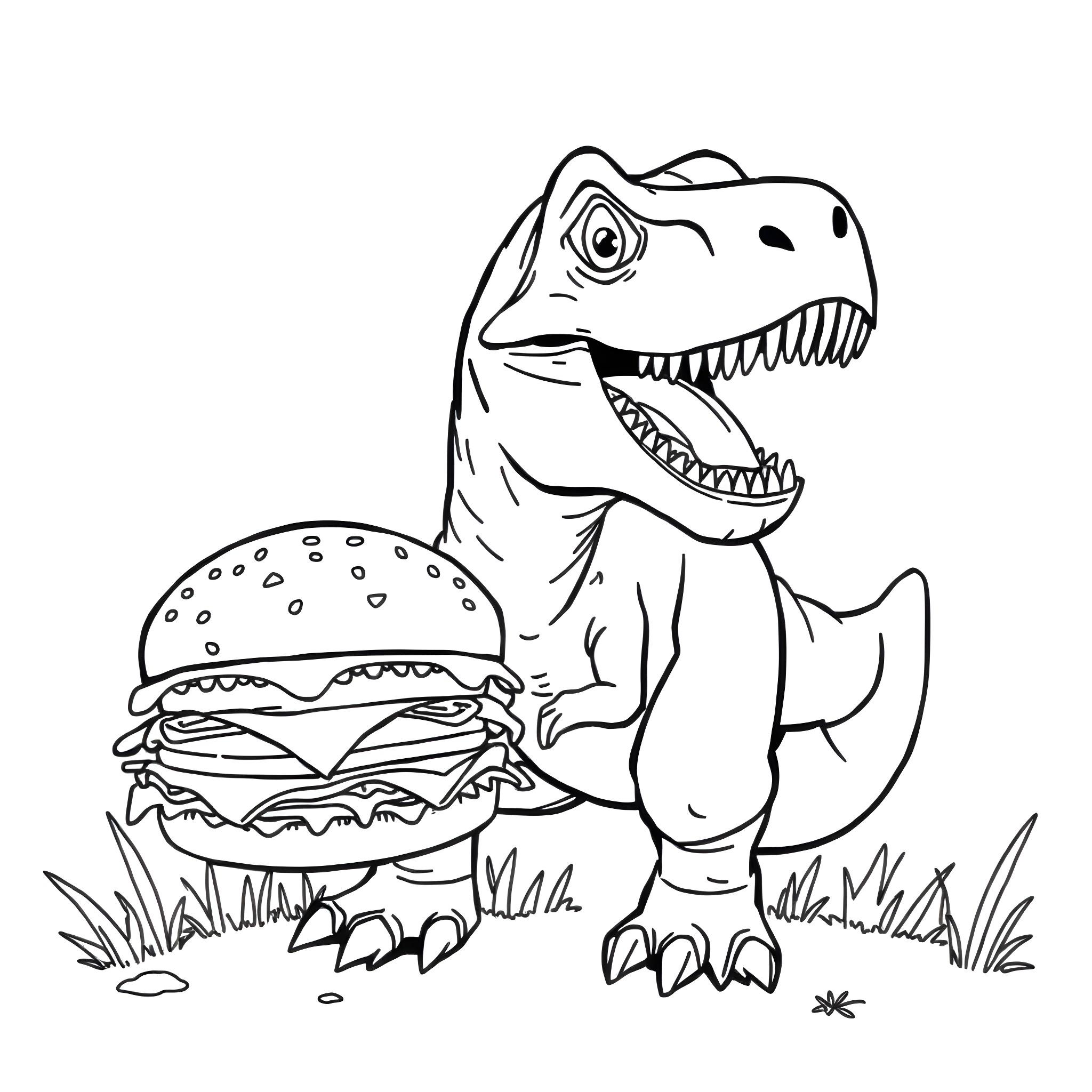 T-Rex Devouring a Burger in the Wilderness Coloring Page (free black-and-white line drawing printable PDF for all, from beginners to advanced learners, including children, teens, adults, and seniors)