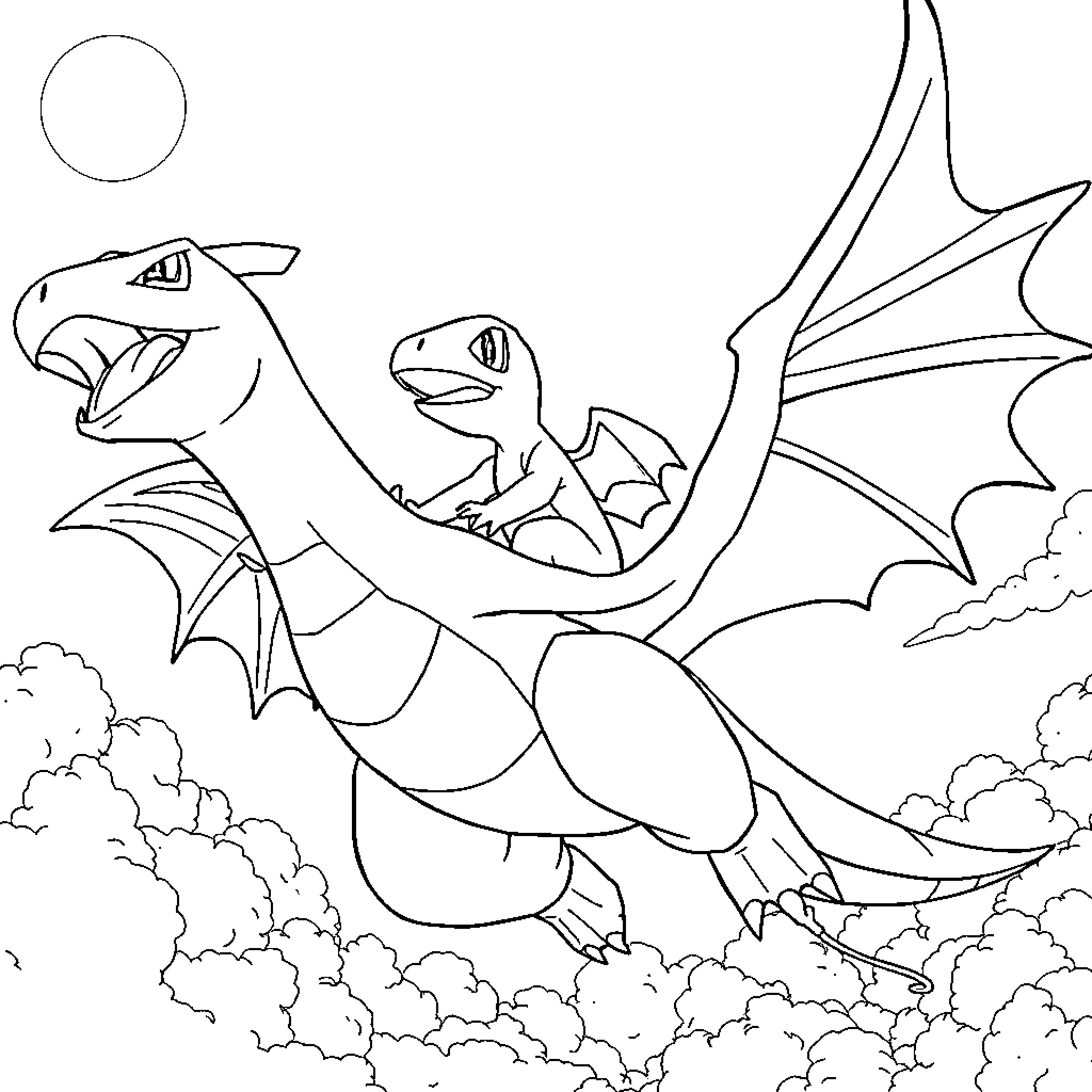 Charmander and Charizard soaring through the sky Coloring Page (free black-and-white line drawing printable PDF for all, from beginners to advanced learners, including children, teens, adults, and seniors)