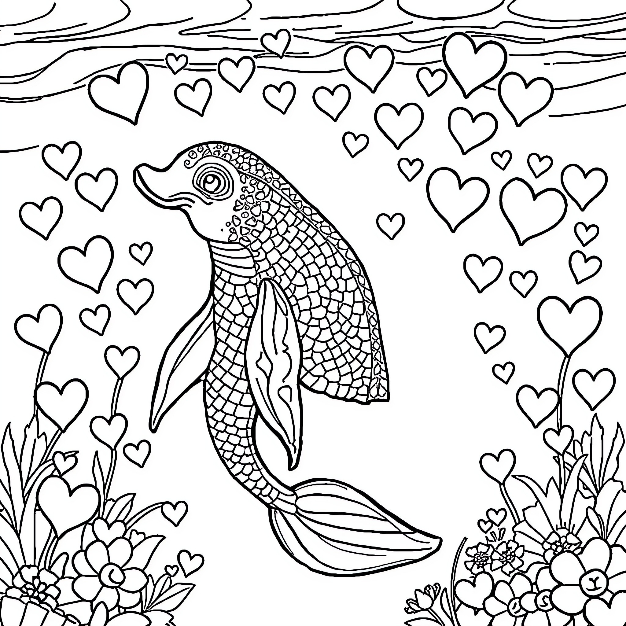 Mermaid surrounded by hearts and flowers Coloring Page (free black-and-white line drawing printable PDF for all, from beginners to advanced learners, including children, teens, adults, and seniors)