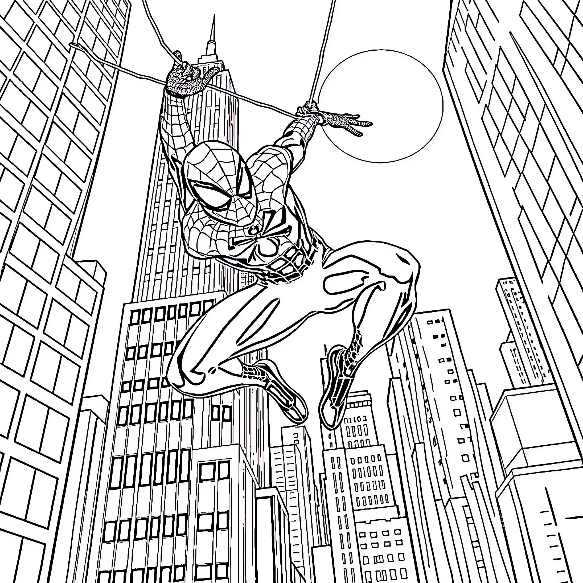 Spider-Man swinging through the city skyscrapers Coloring Page (free black-and-white line drawing printable PDF for all, from beginners to advanced learners, including children, teens, adults, and seniors)