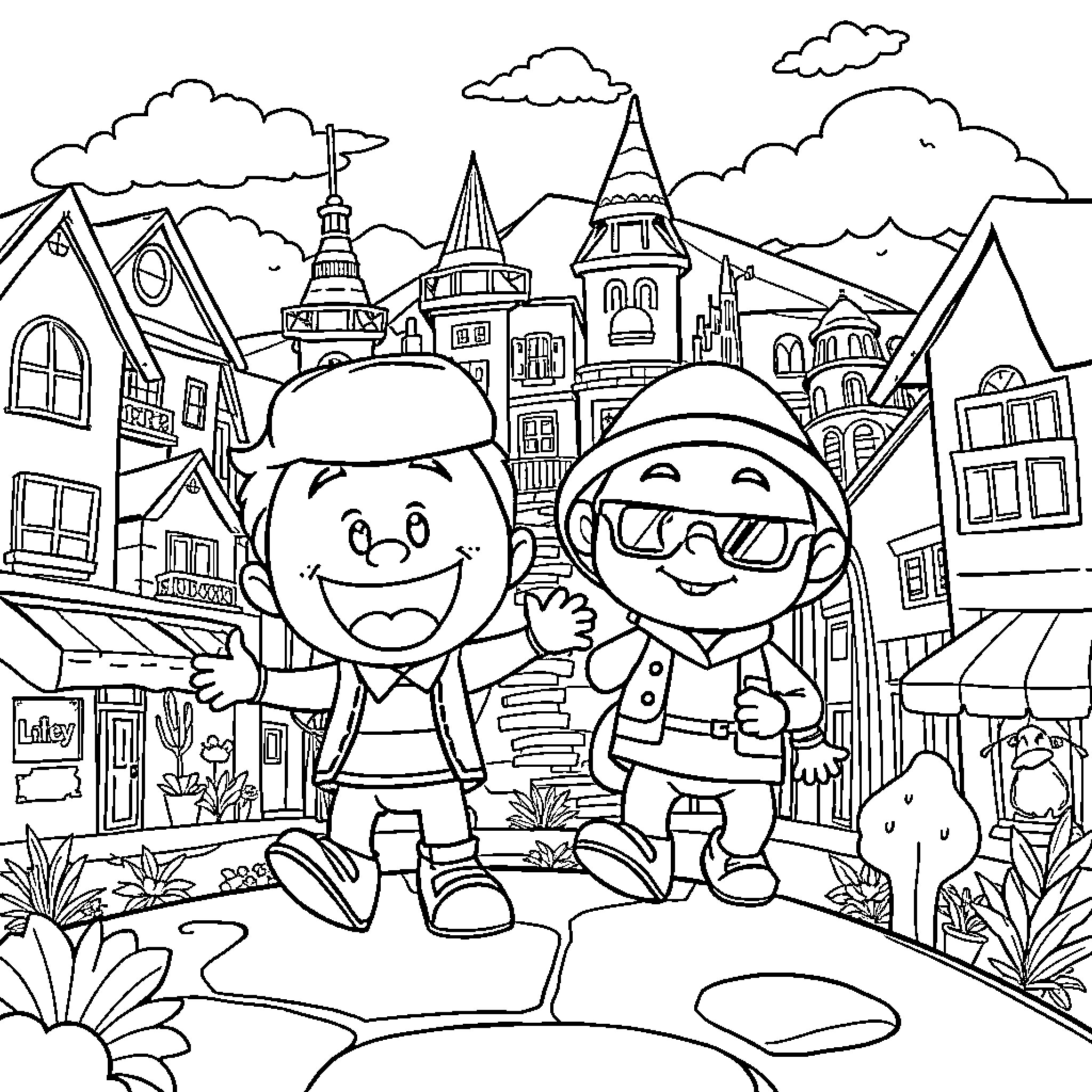 Gumball characters exploring whimsical town Coloring Page (free black-and-white line drawing printable PDF for all, from beginners to advanced learners, including children, teens, adults, and seniors)