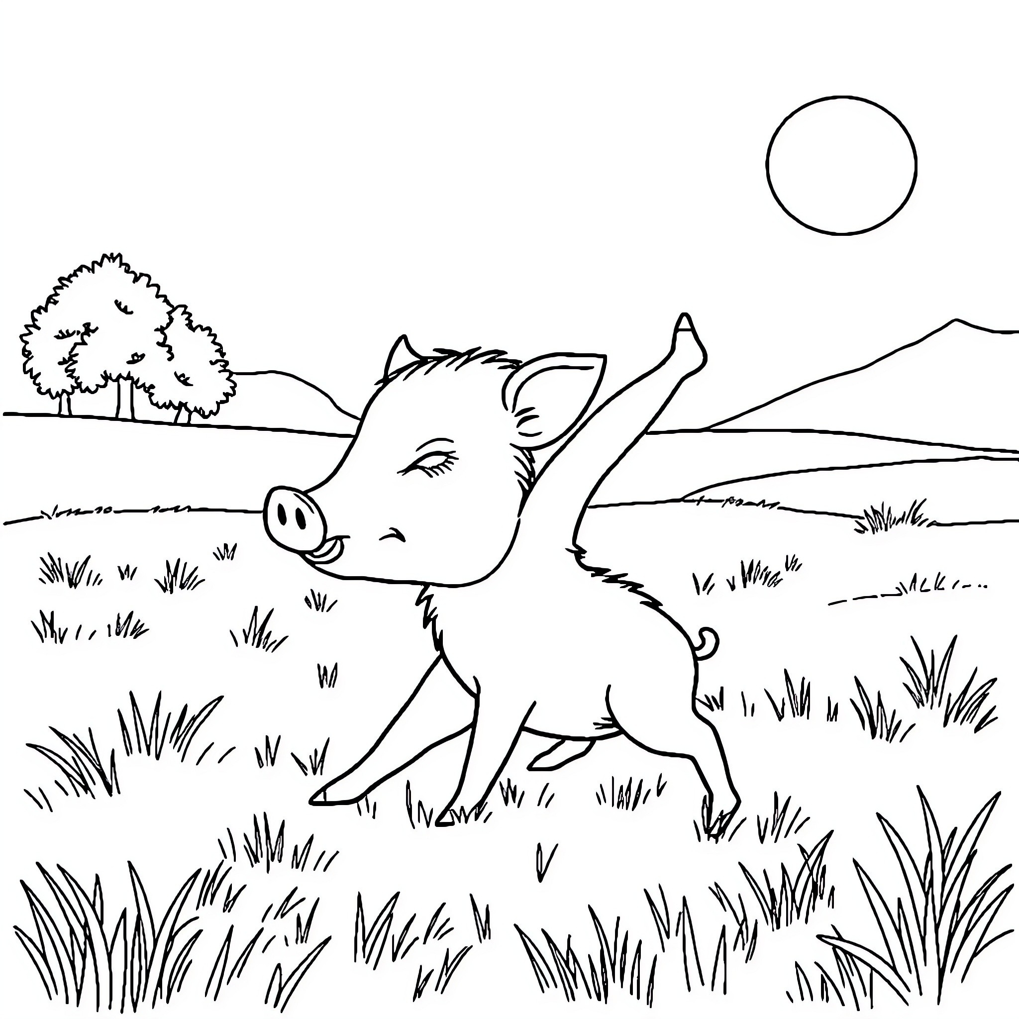 Boar enjoying nature's tranquility Coloring Page (free black-and-white line drawing printable PDF for all, from beginners to advanced learners, including children, teens, adults, and seniors)