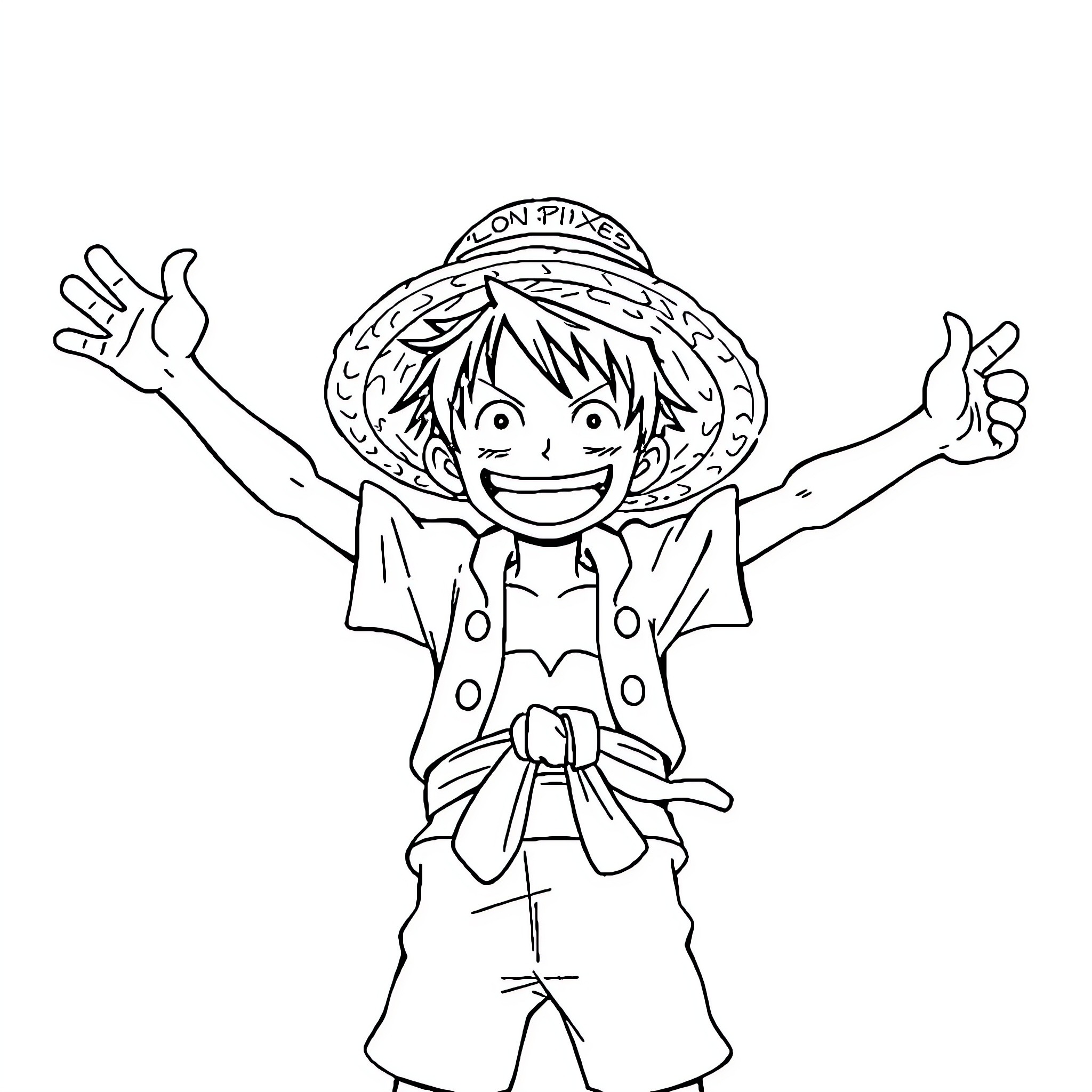 Monkey D Luffy Celebrating Joyfully Coloring Page (free black-and-white line drawing printable PDF for all, from beginners to advanced learners, including children, teens, adults, and seniors)