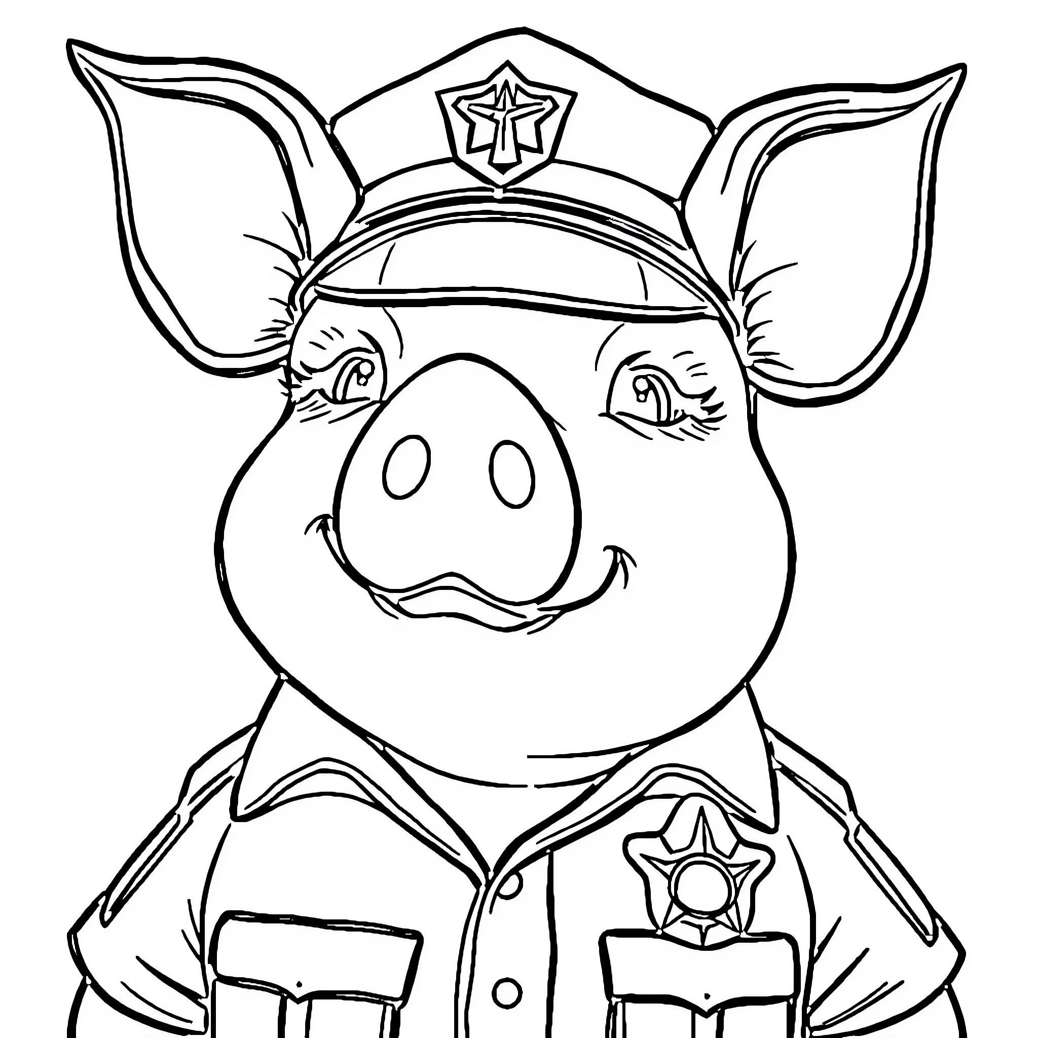Pig police officer in uniform Coloring Page (free black-and-white line drawing printable PDF for all, from beginners to advanced learners, including children, teens, adults, and seniors)