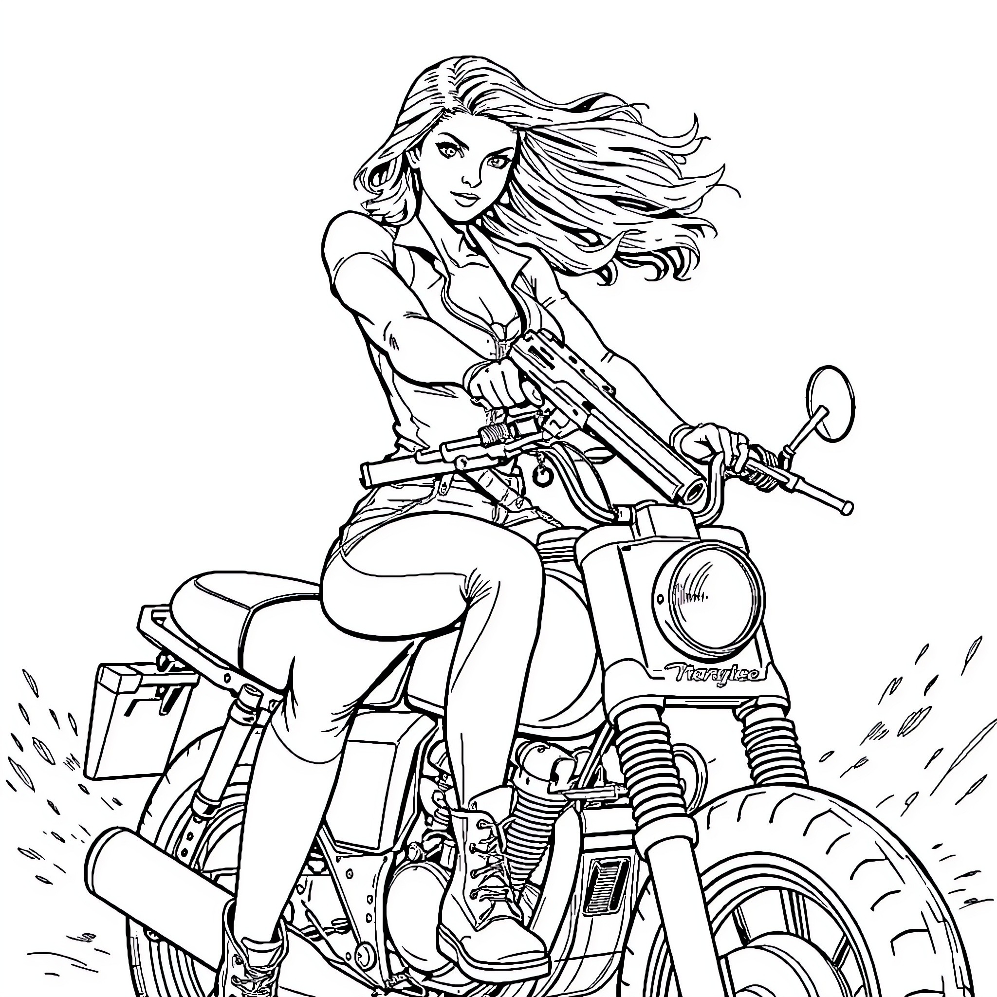 Girl riding a powerful motorcycle on a dusty road Coloring Page (free black-and-white line drawing printable PDF for all, from beginners to advanced learners, including children, teens, adults, and seniors)