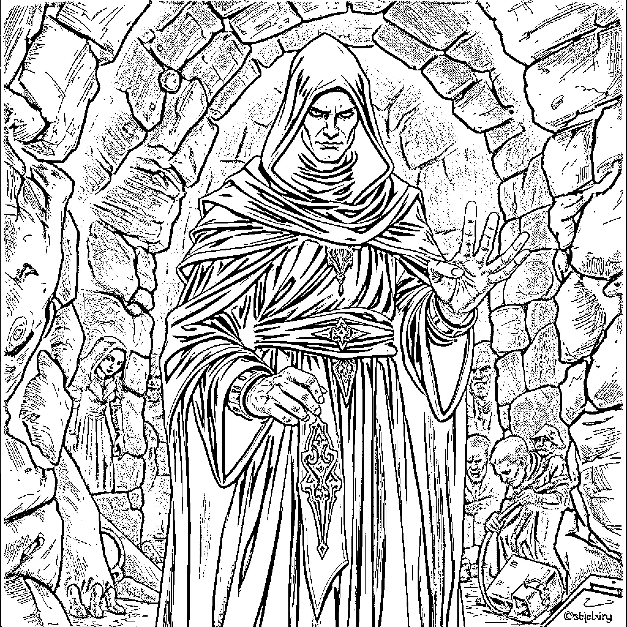 Shadowheart: Mysterious Cloaked Figure in Ruins Coloring Page (free black-and-white line drawing printable PDF for all, from beginners to advanced learners, including children, teens, adults, and seniors)