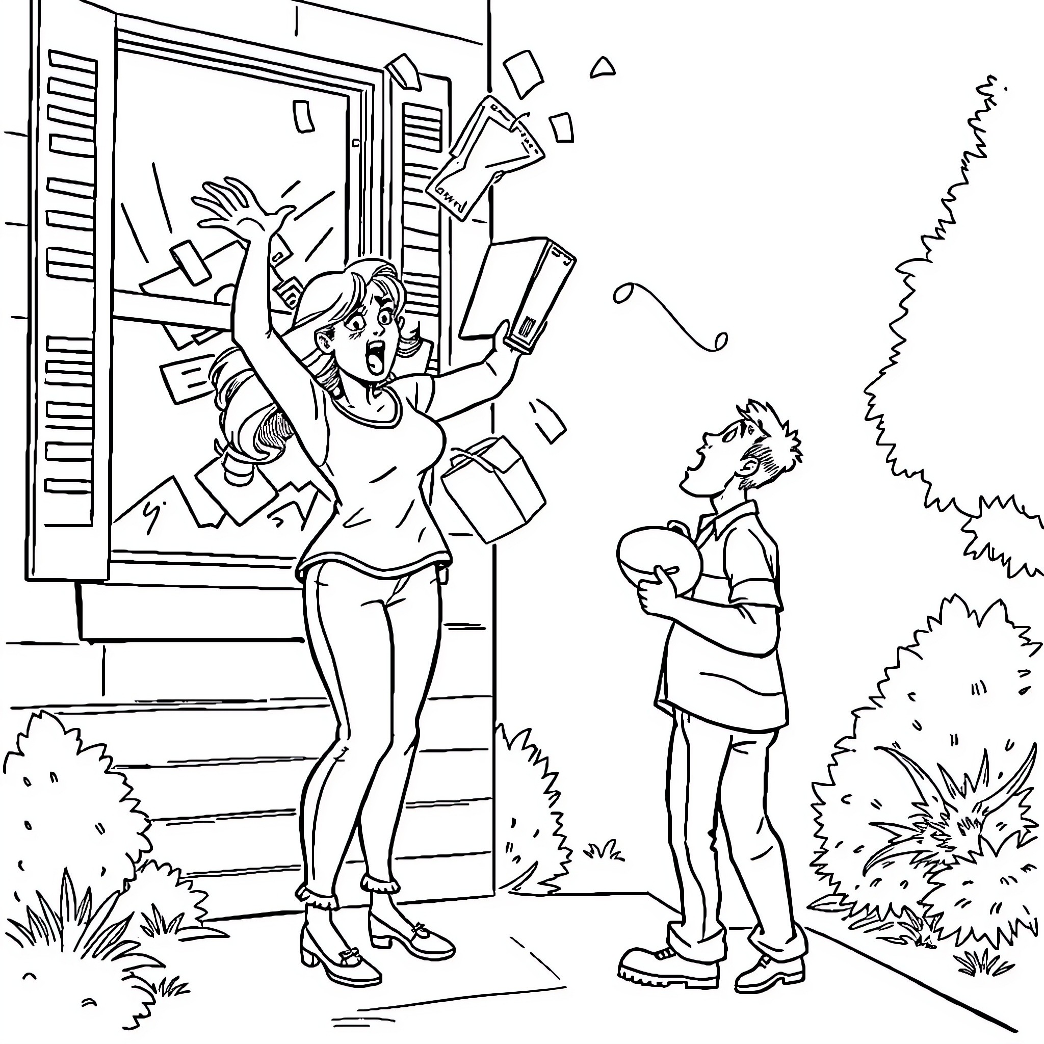 Wife excitedly tidying up the house for her husband Coloring Page (free black-and-white line drawing printable PDF for all, from beginners to advanced learners, including children, teens, adults, and seniors)
