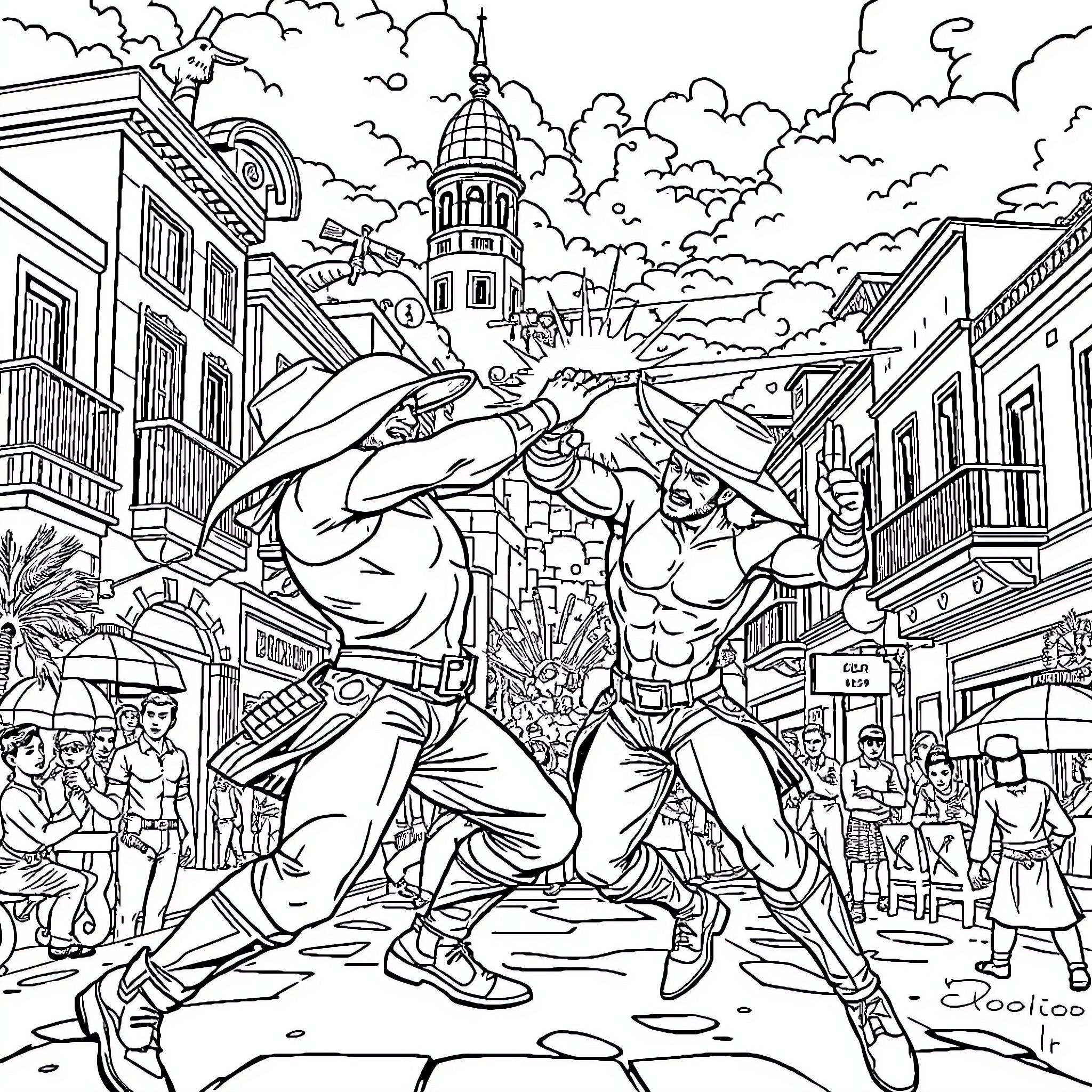 Valorant Agents Engage in Intense Battle in City Landscape Coloring Page (free black-and-white line drawing printable PDF for all, from beginners to advanced learners, including children, teens, adults, and seniors)