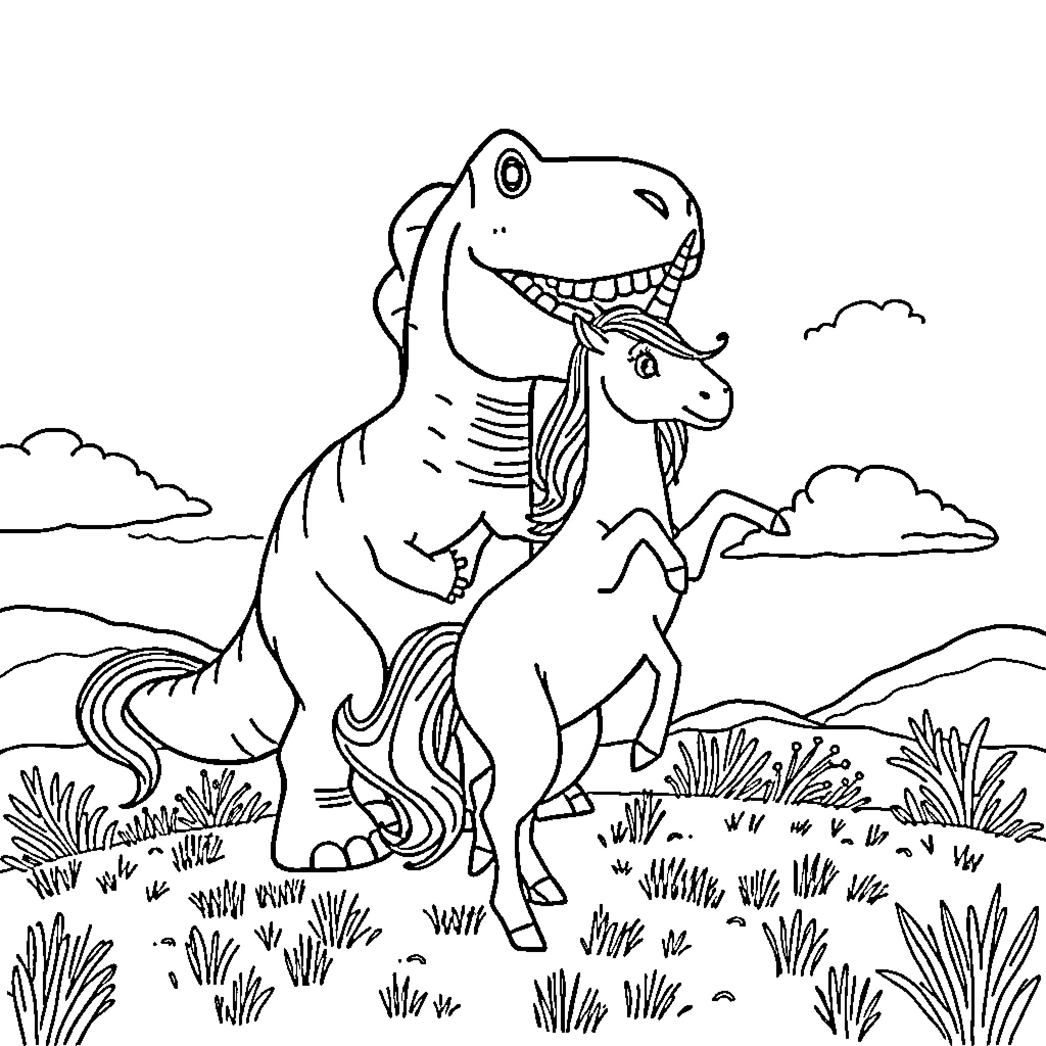 Unicorn riding a friendly dinosaur in the meadow Coloring Page (free black-and-white line drawing printable PDF for all, from beginners to advanced learners, including children, teens, adults, and seniors)