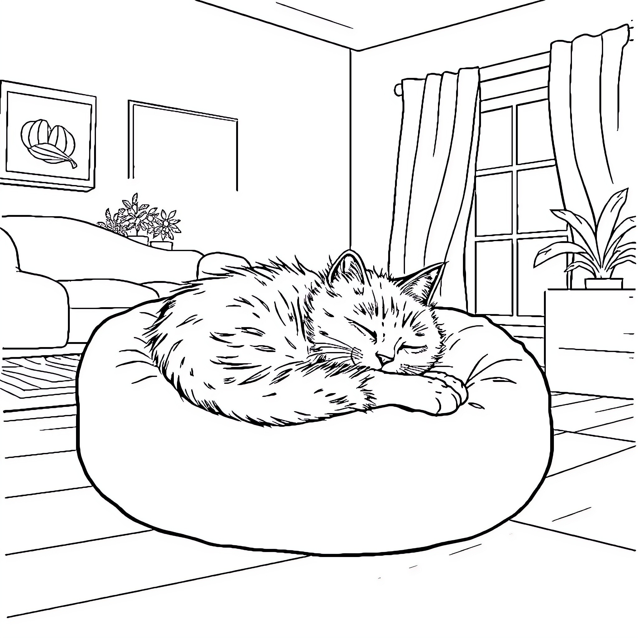 Cat sleeping peacefully in a cozy bed Coloring Page (free black-and-white line drawing printable PDF for all, from beginners to advanced learners, including children, teens, adults, and seniors)