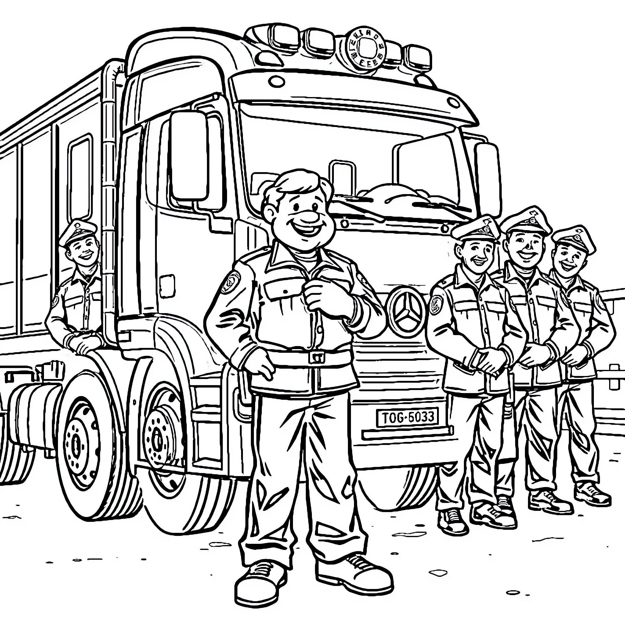 Sam and the Hardworking Crew with the Big Truck Coloring Page (free black-and-white line drawing printable PDF for all, from beginners to advanced learners, including children, teens, adults, and seniors)