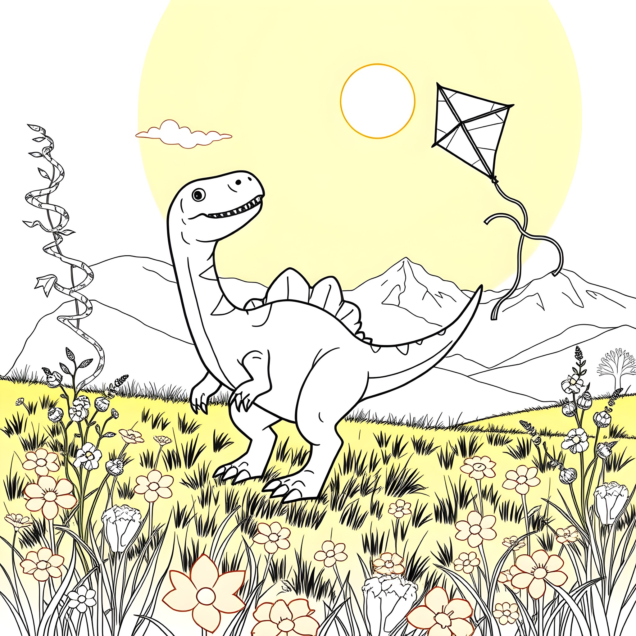 Dinosaur playing with kite in nature landscape Coloring Page (free black-and-white line drawing printable PDF for all, from beginners to advanced learners, including children, teens, adults, and seniors)