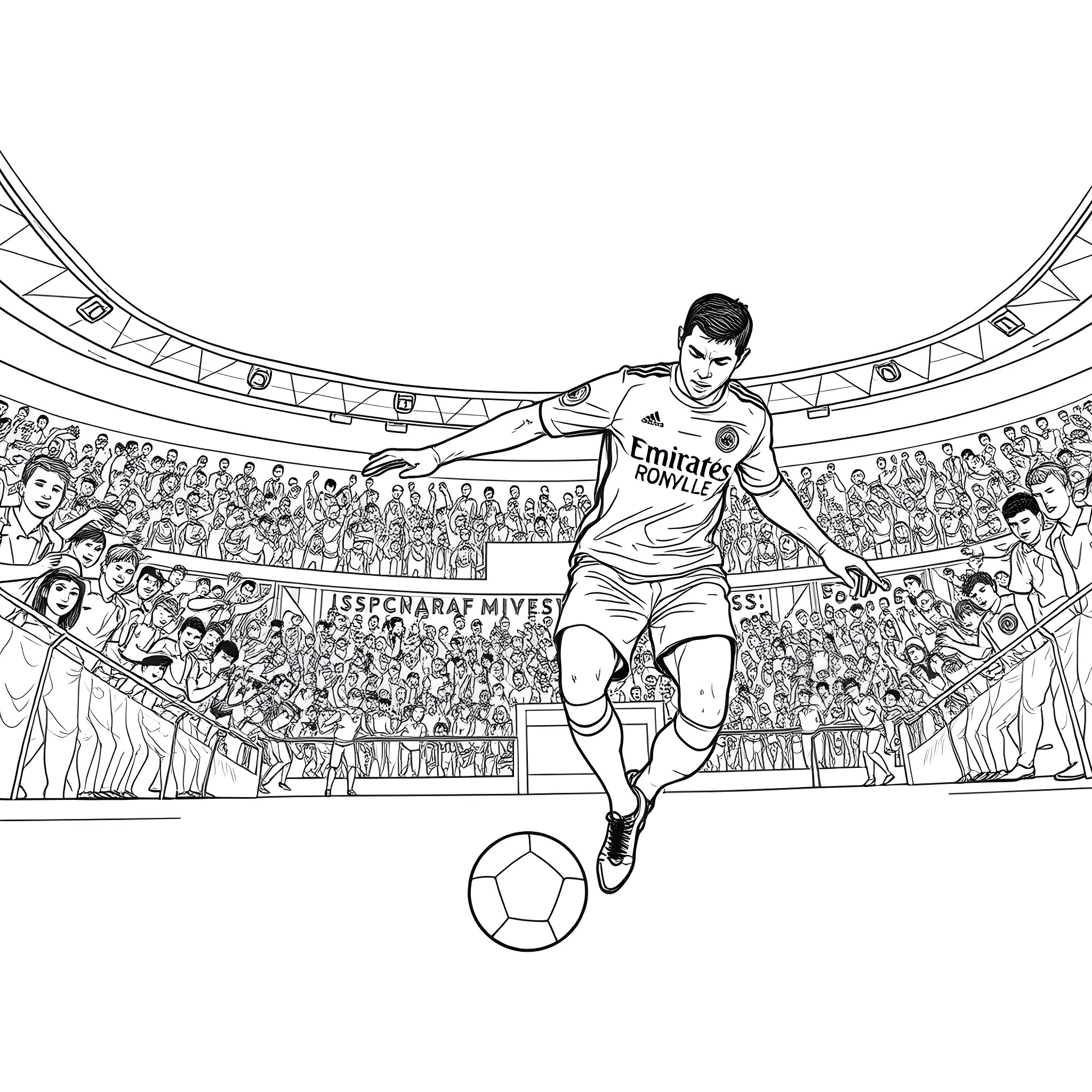 Cristiano Ronaldo in action on the soccer field Coloring Page (free black-and-white line drawing printable PDF for all, from beginners to advanced learners, including children, teens, adults, and seniors)