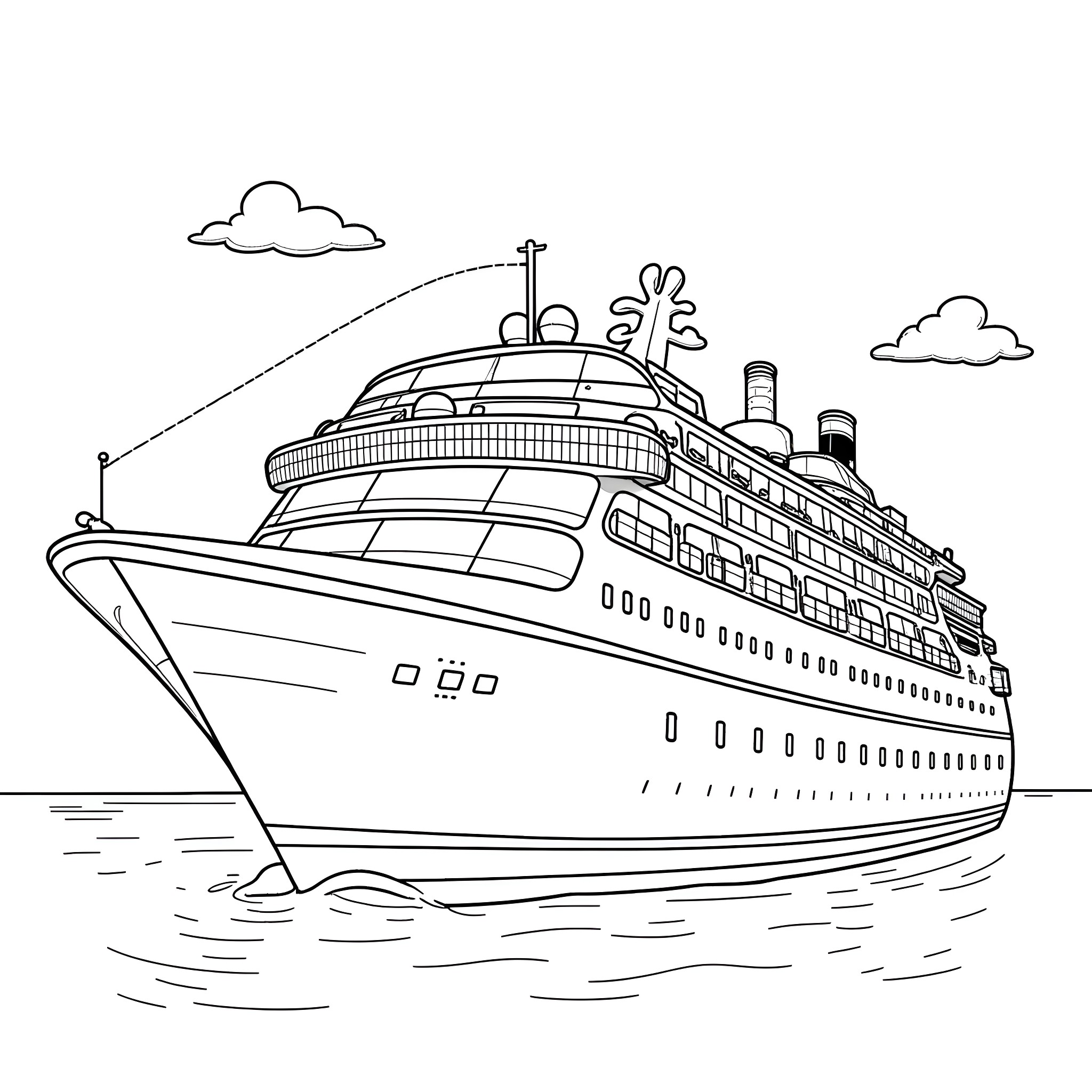 Paw Patrol cruise ship sailing on the ocean Coloring Page (free black-and-white line drawing printable PDF for all, from beginners to advanced learners, including children, teens, adults, and seniors)