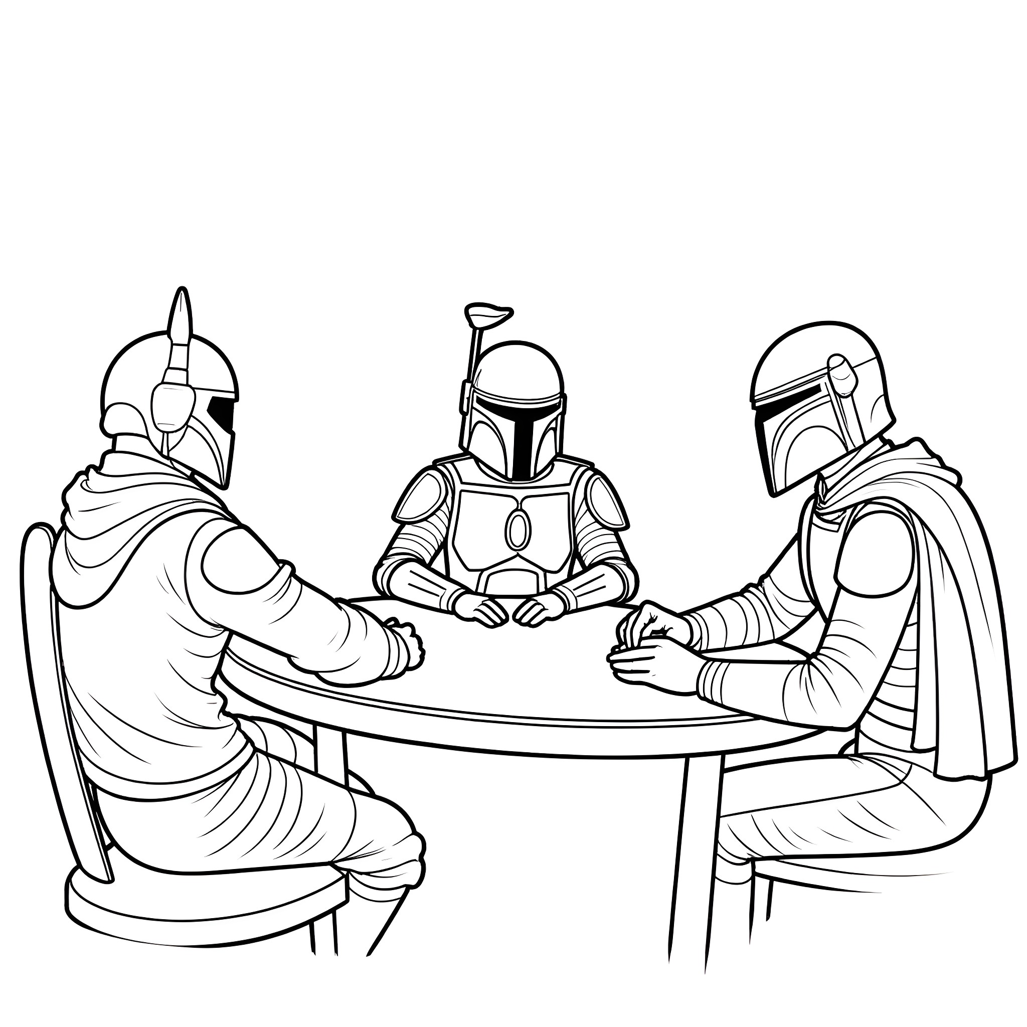 Boba Fett's meeting with Mandalorian warriors Coloring Page (free black-and-white line drawing printable PDF for all, from beginners to advanced learners, including children, teens, adults, and seniors)