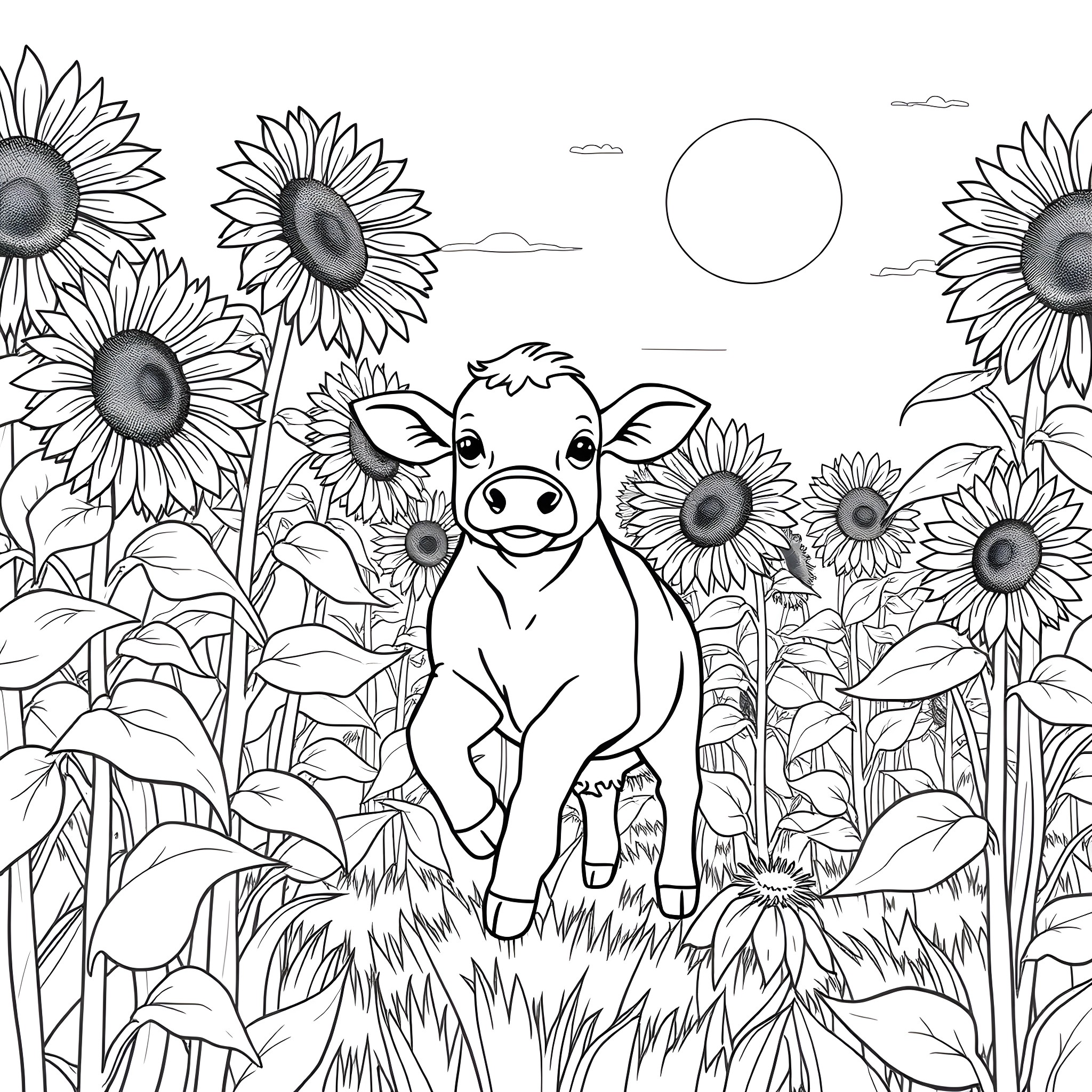 Cow enjoying a sunny day in a sunflower field Coloring Page (free black-and-white line drawing printable PDF for all, from beginners to advanced learners, including children, teens, adults, and seniors)