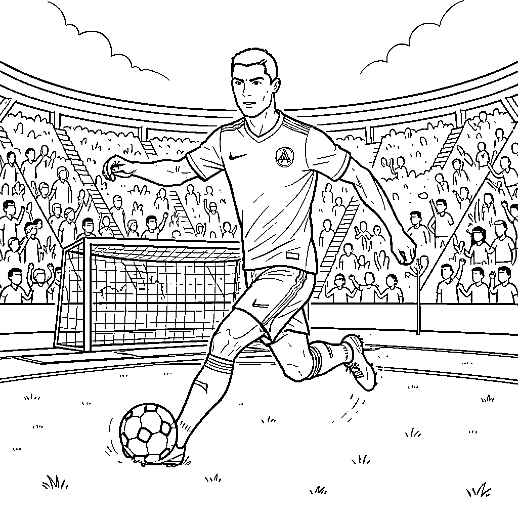 Cristiano Ronaldo dribbling a soccer ball in a stadium Coloring Page (free black-and-white line drawing printable PDF for all, from beginners to advanced learners, including children, teens, adults, and seniors)