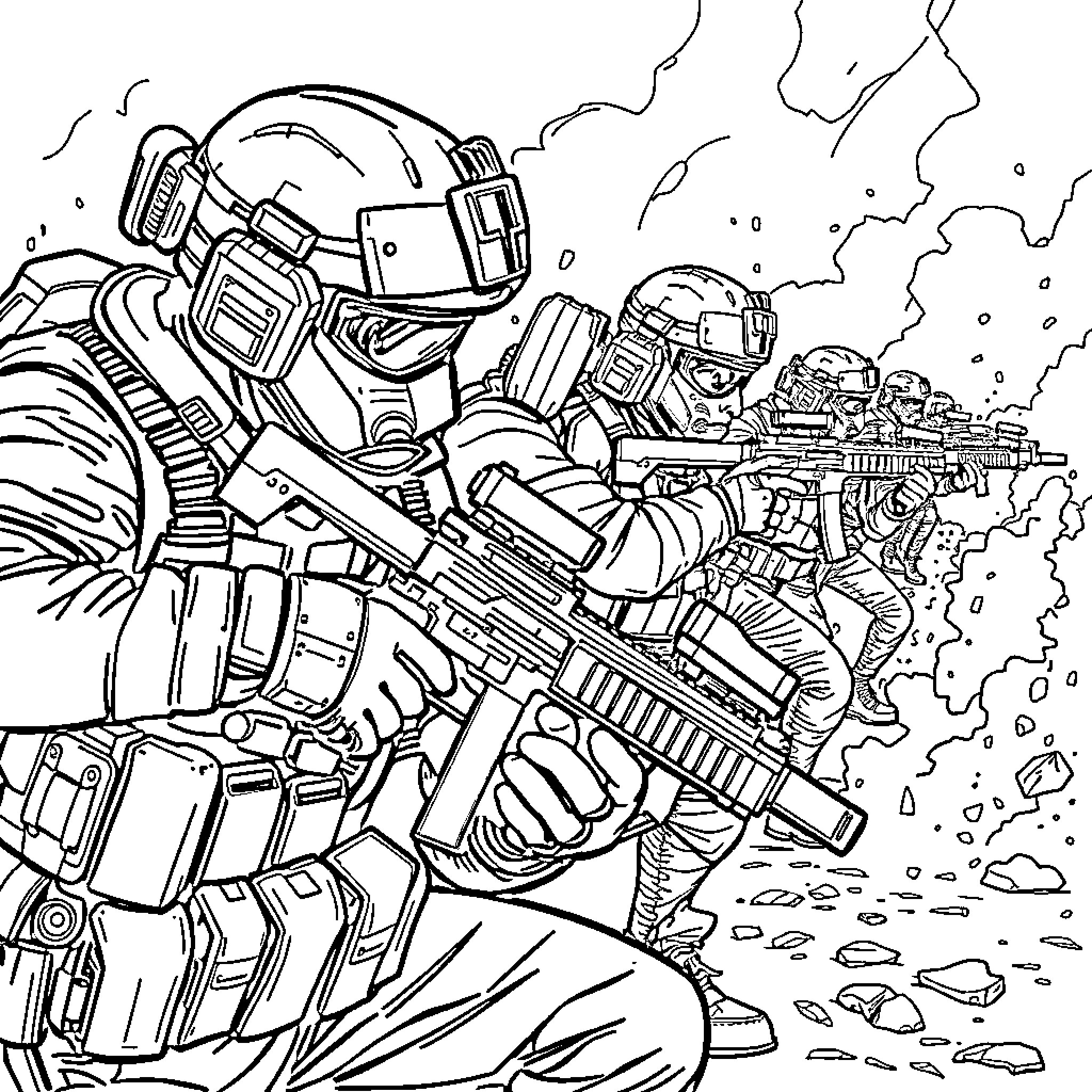 Call of Duty: Intense Military Action and Combat Coloring Page (free black-and-white line drawing printable PDF for all, from beginners to advanced learners, including children, teens, adults, and seniors)