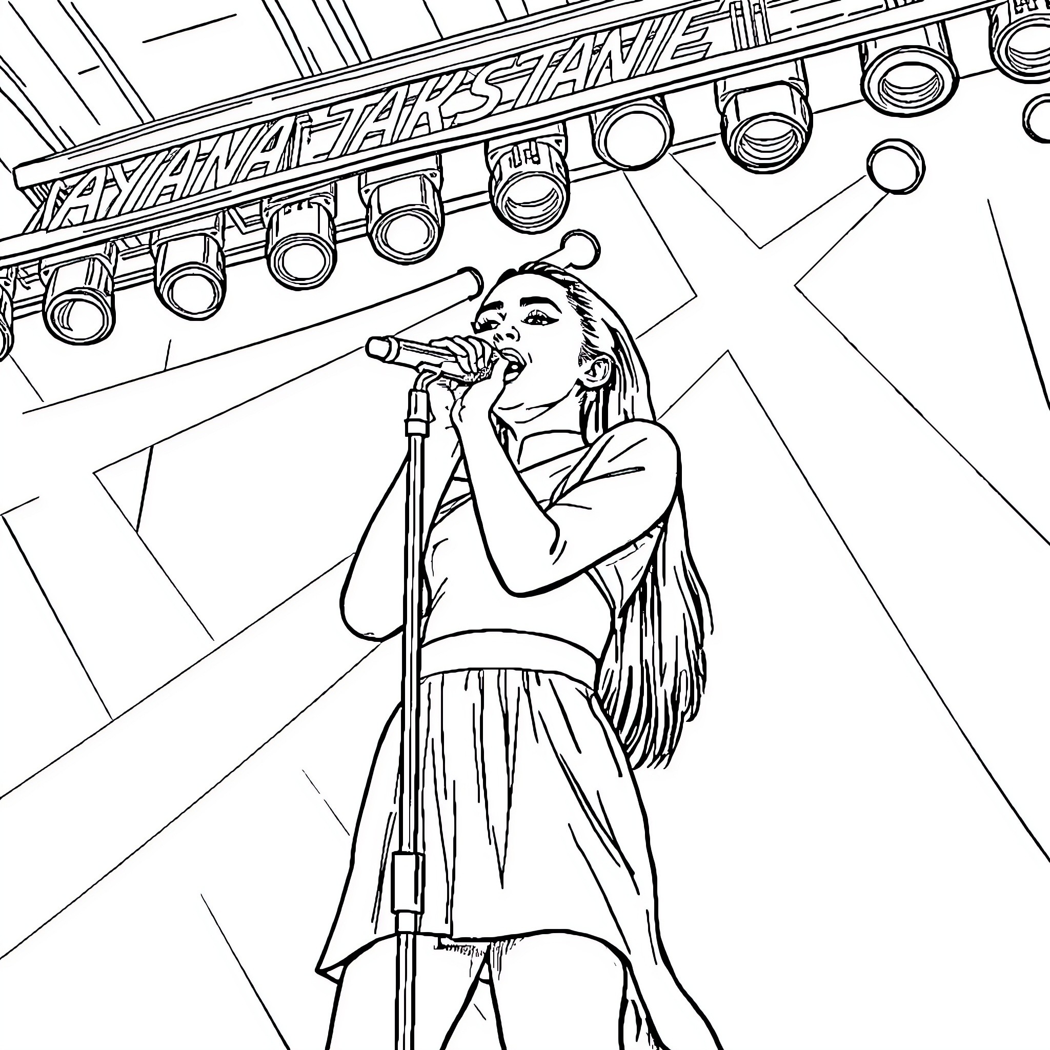 Ariana Grande performing on stage with microphone Coloring Page (free black-and-white line drawing printable PDF for all, from beginners to advanced learners, including children, teens, adults, and seniors)