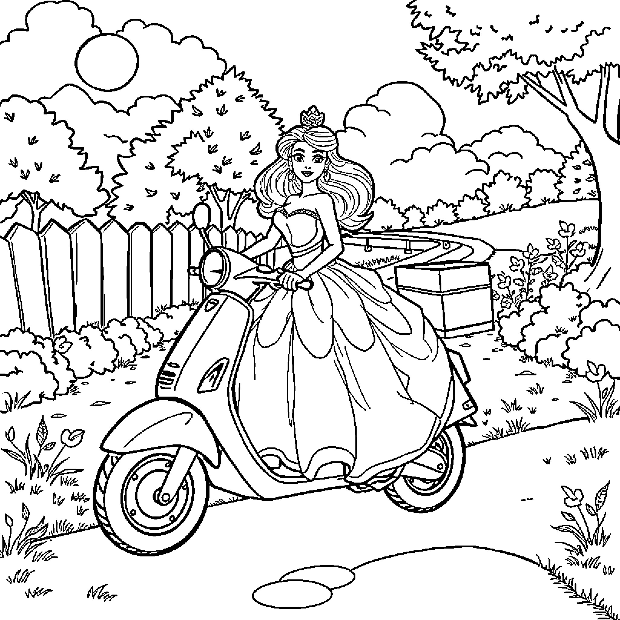 Princess riding scooter in beautiful garden Coloring Page (free black-and-white line drawing printable PDF for all, from beginners to advanced learners, including children, teens, adults, and seniors)