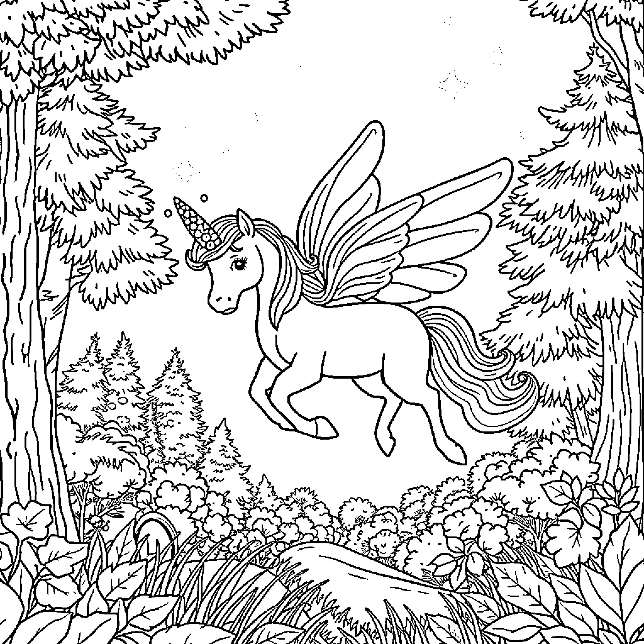 Unicorn soaring through a magical forest landscape Coloring Page (free black-and-white line drawing printable PDF for all, from beginners to advanced learners, including children, teens, adults, and seniors)