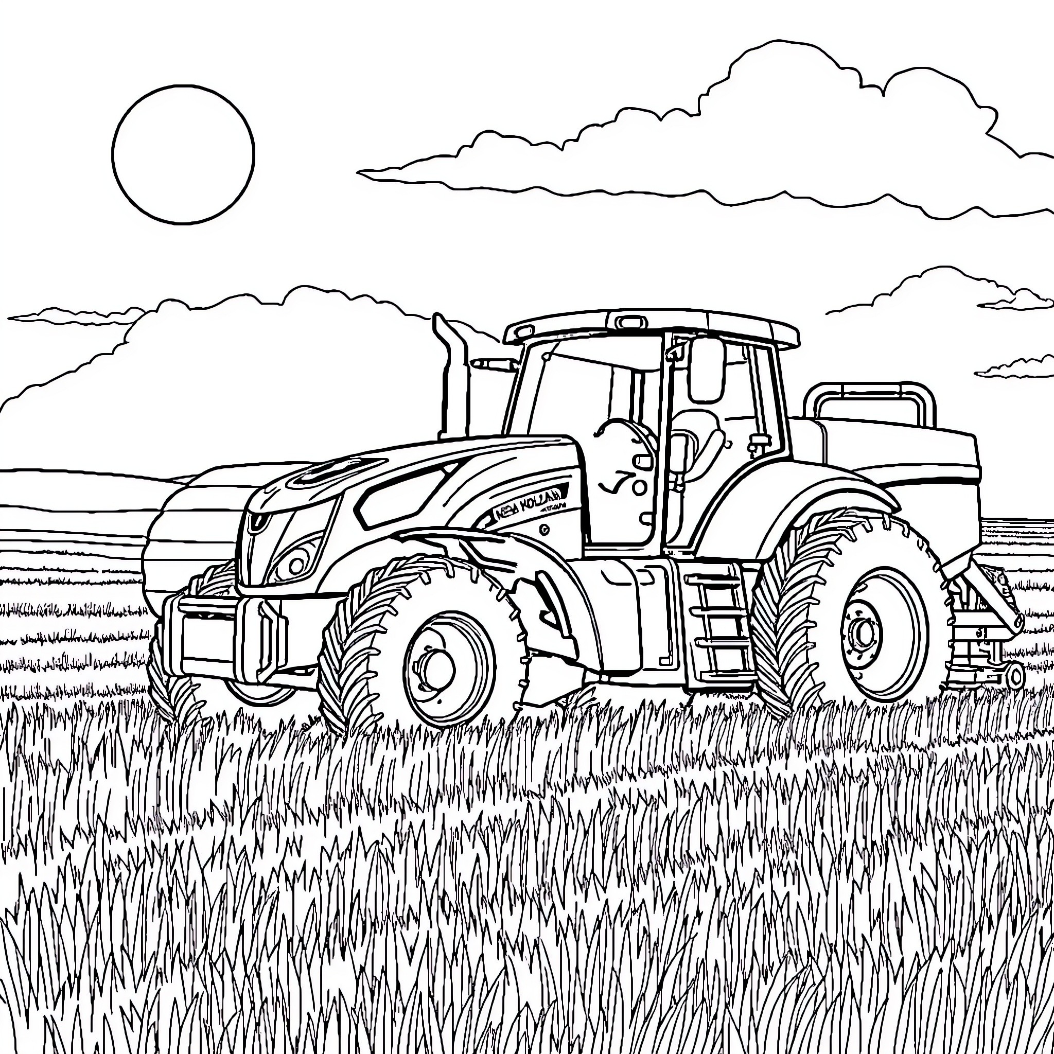 Tractor working diligently in the field Coloring Page (free black-and-white line drawing printable PDF for all, from beginners to advanced learners, including children, teens, adults, and seniors)