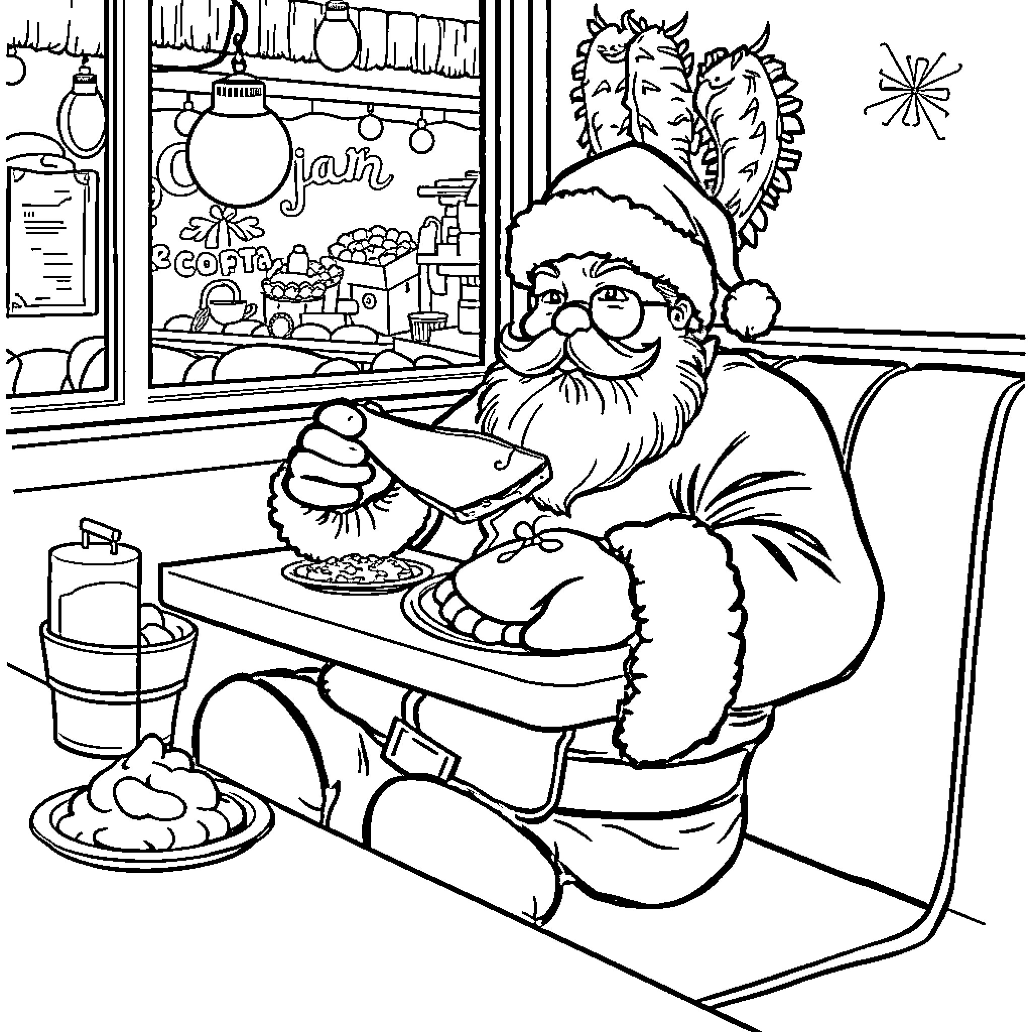 Santa Enjoying a Cozy Christmas Snack Coloring Page (free black-and-white line drawing printable PDF for all, from beginners to advanced learners, including children, teens, adults, and seniors)
