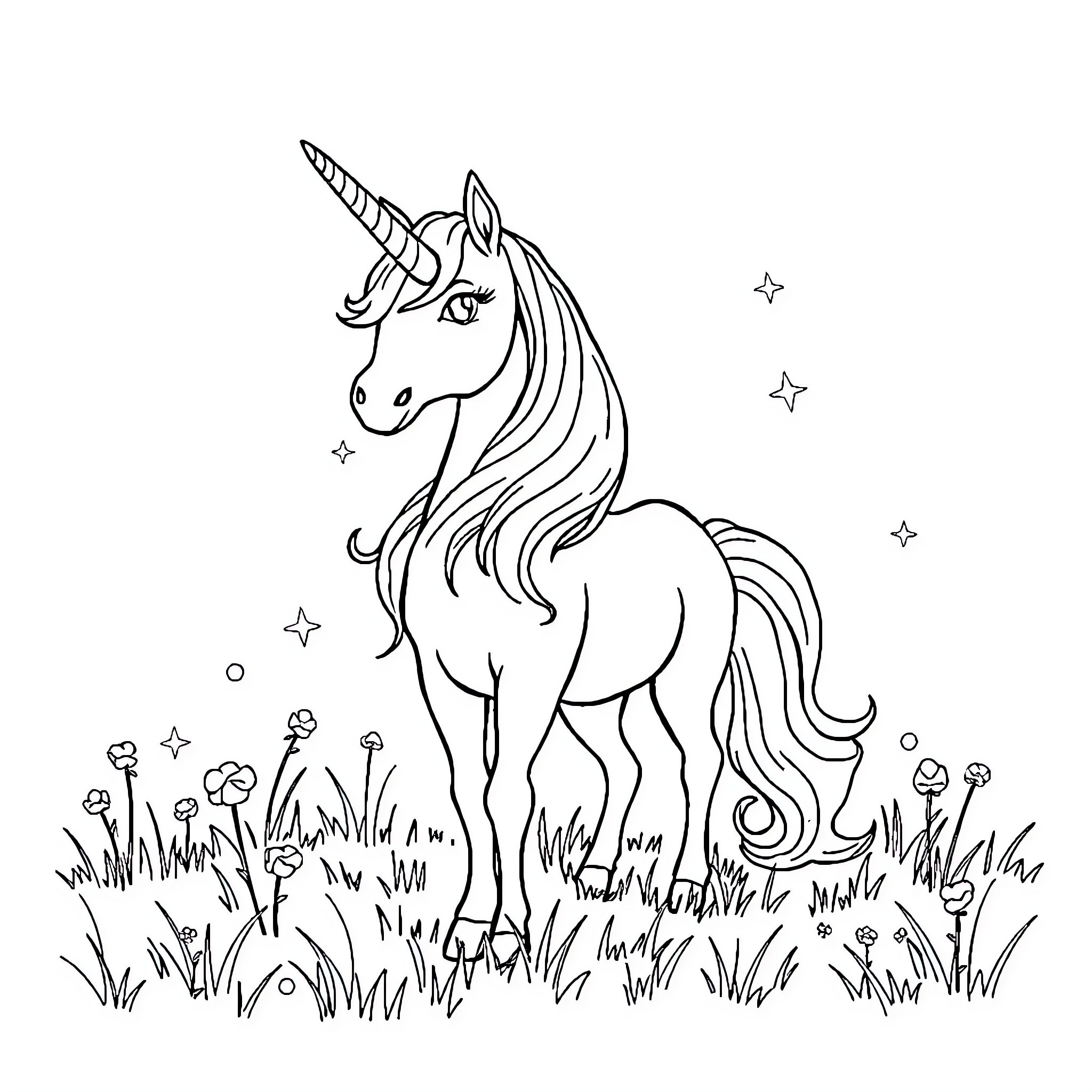 Unicorn standing in a magical meadow Coloring Page (free black-and-white line drawing printable PDF for all, from beginners to advanced learners, including children, teens, adults, and seniors)
