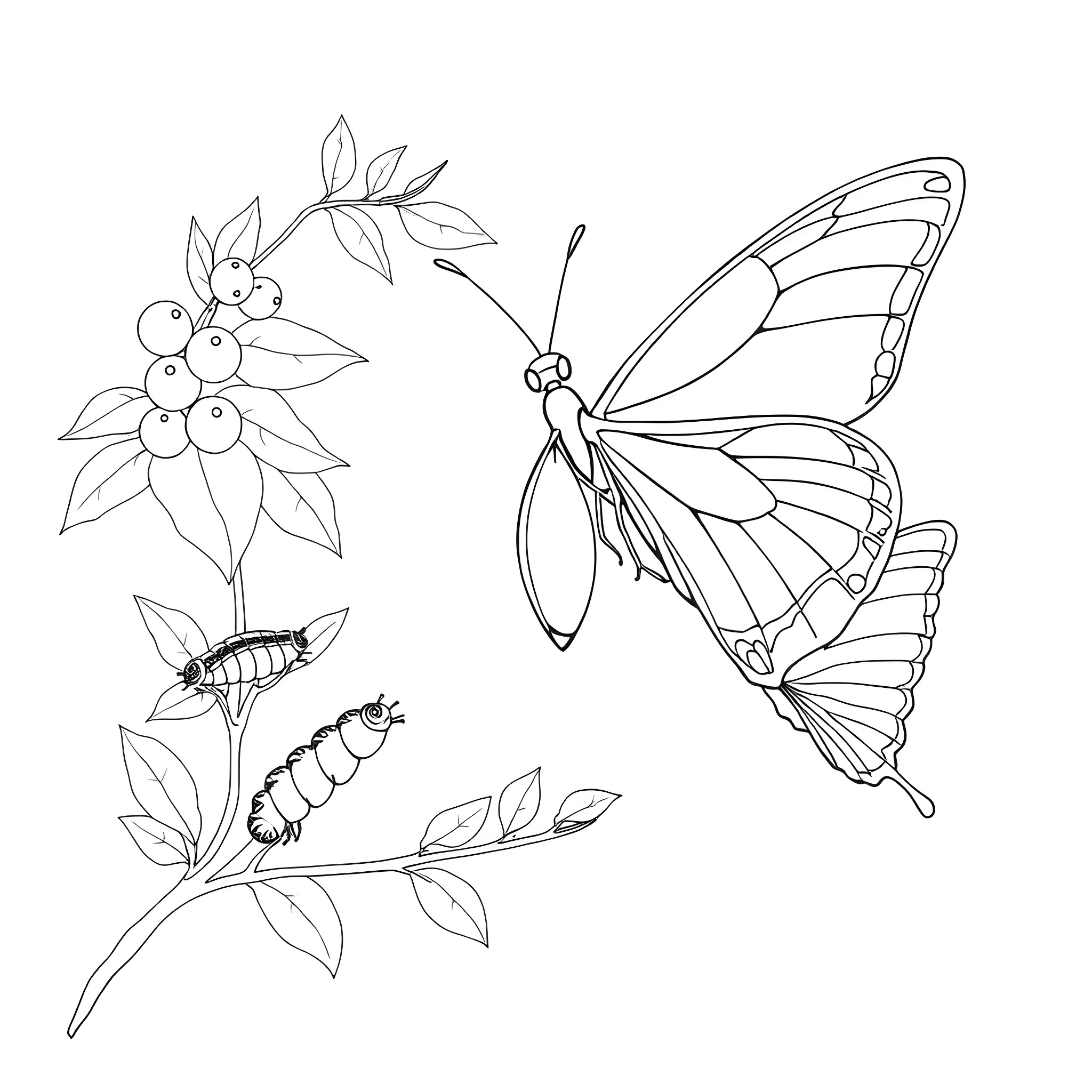 Butterfly in nature with leaves and insects Coloring Page (free black-and-white line drawing printable PDF for all, from beginners to advanced learners, including children, teens, adults, and seniors)