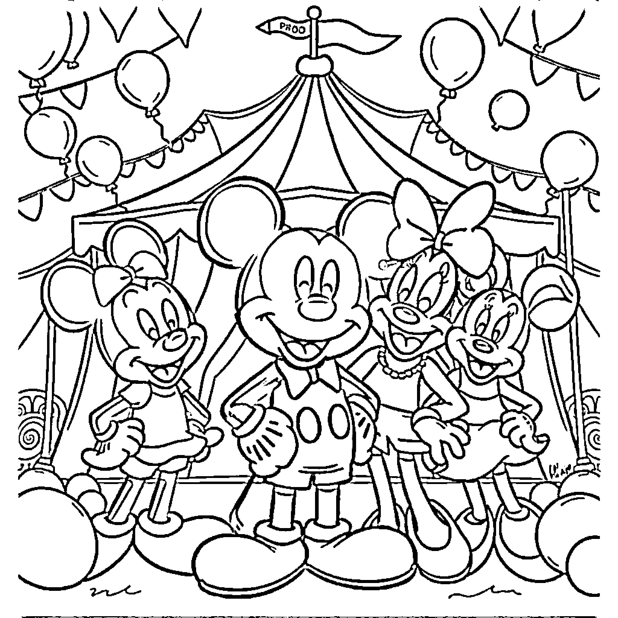 Mickey Mouse and Friends at the Carnival Coloring Page (free black-and-white line drawing printable PDF for all, from beginners to advanced learners, including children, teens, adults, and seniors)
