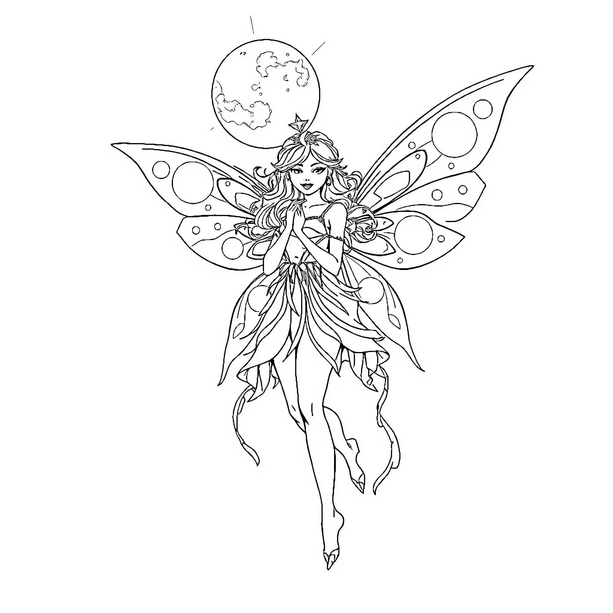 Fairy dancing gracefully under the moonlight Coloring Page (free black-and-white line drawing printable PDF for all, from beginners to advanced learners, including children, teens, adults, and seniors)