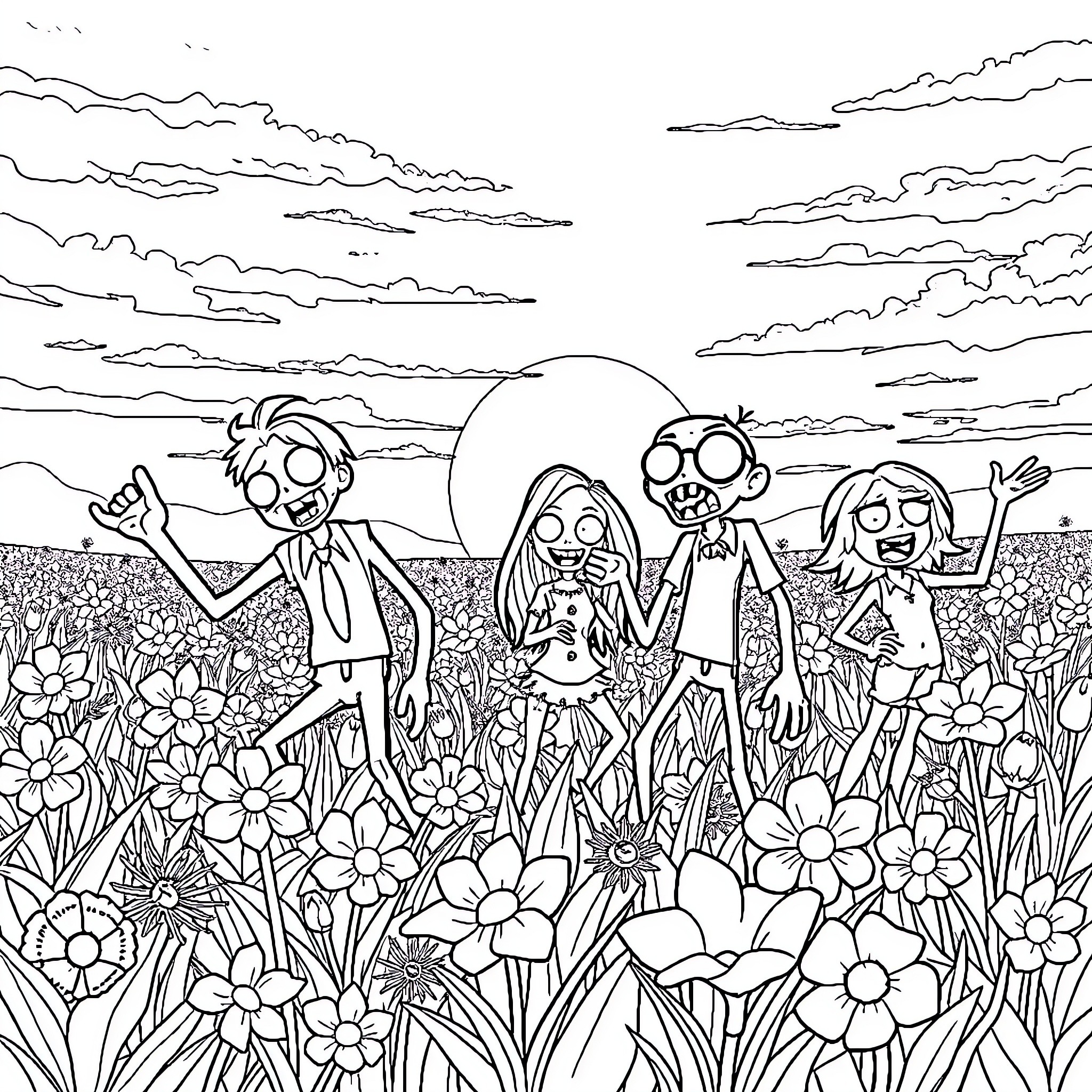 Zombies enjoying a flower-filled meadow Coloring Page (free black-and-white line drawing printable PDF for all, from beginners to advanced learners, including children, teens, adults, and seniors)