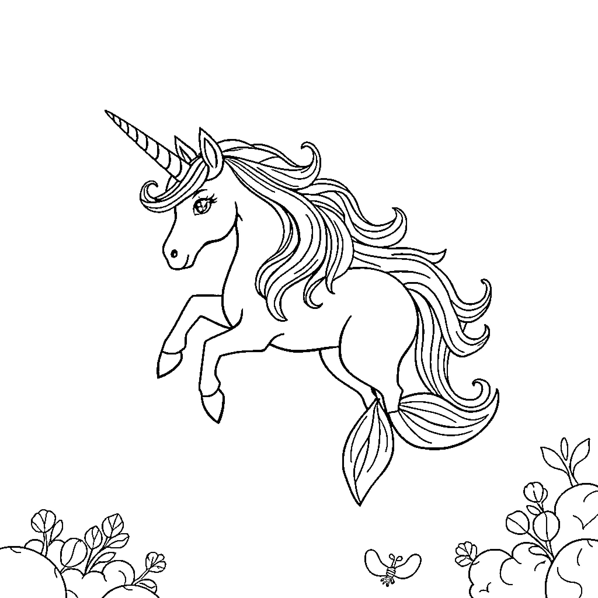Unicorn Mermaid leaping gracefully amidst nature Coloring Page (free black-and-white line drawing printable PDF for all, from beginners to advanced learners, including children, teens, adults, and seniors)