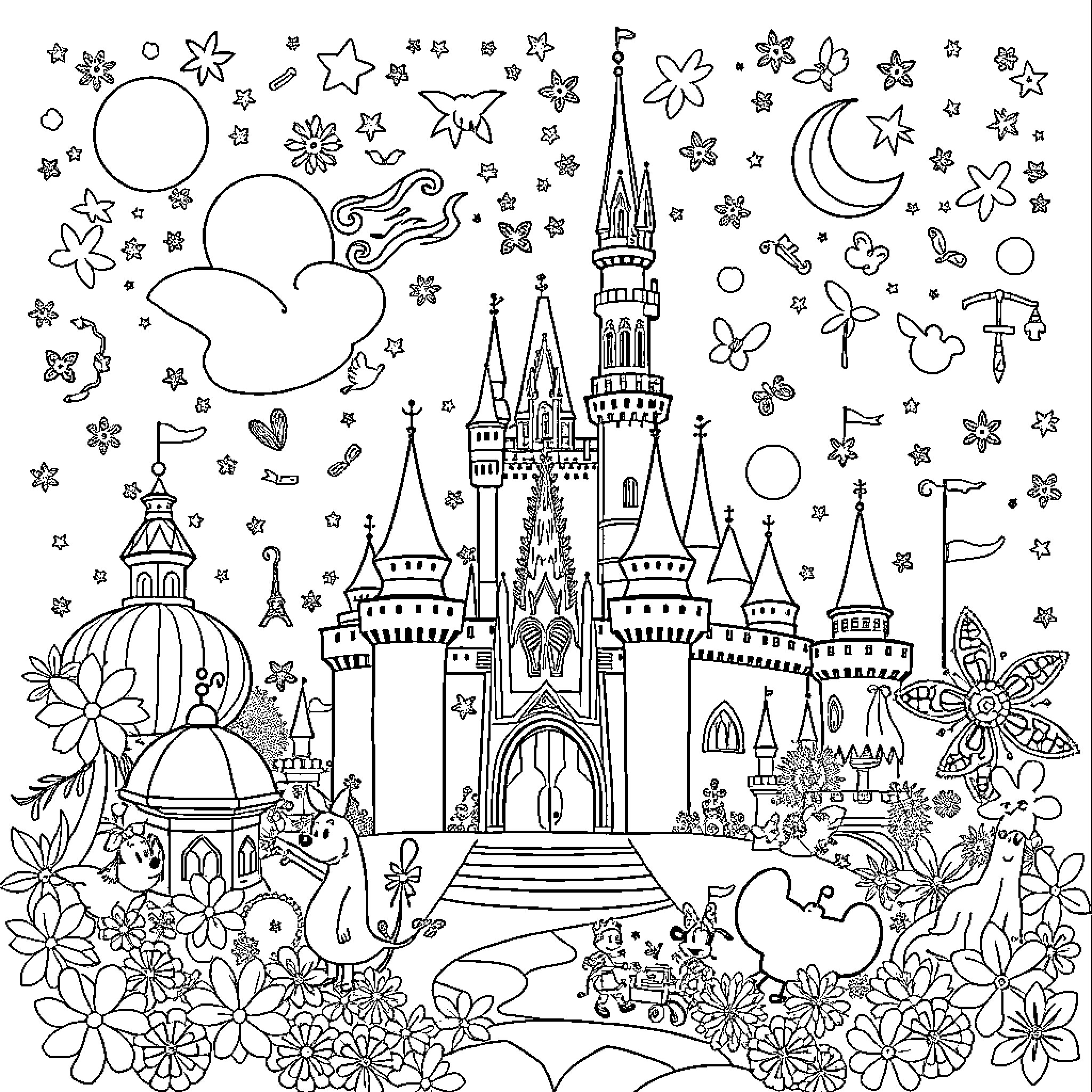 Disney Castle and Magical Fairy Tale Elements Coloring Page (free black-and-white line drawing printable PDF for all, from beginners to advanced learners, including children, teens, adults, and seniors)