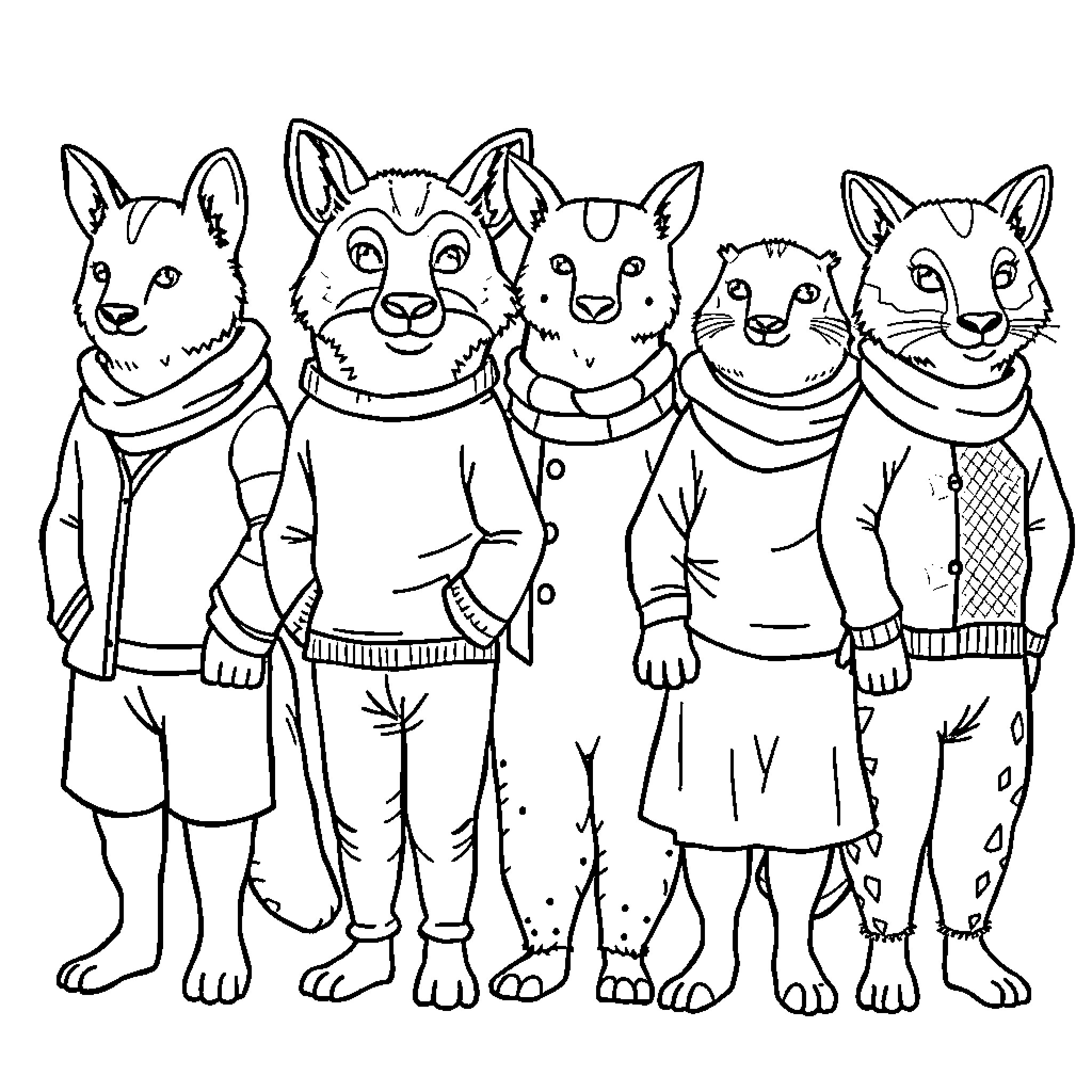 Animal Clothing: Pack of Wolves in Matching Outfits Coloring Page (free black-and-white line drawing printable PDF for all, from beginners to advanced learners, including children, teens, adults, and seniors)