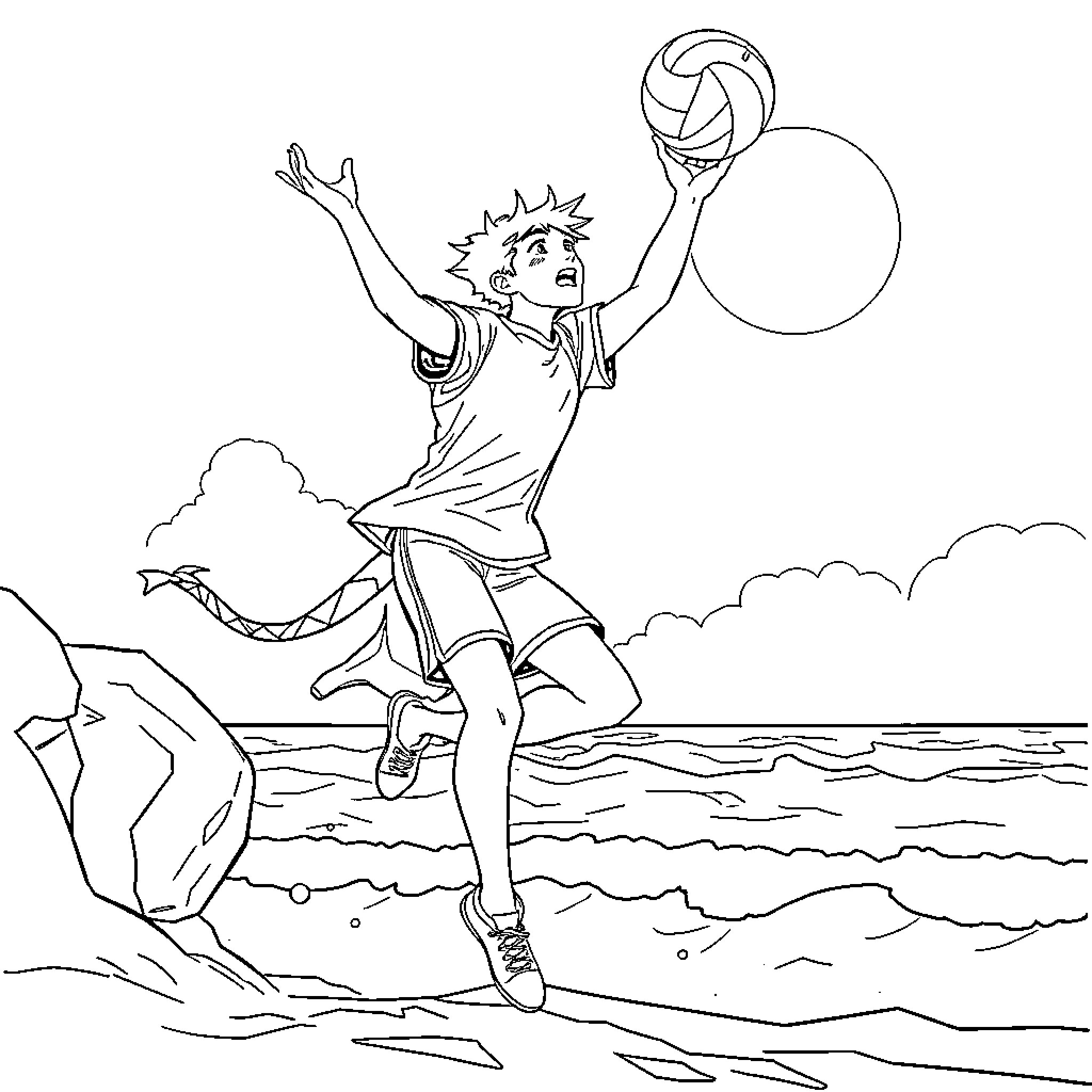 Jinu's Beachside Volleyball Adventure Coloring Page (free black-and-white line drawing printable PDF for all, from beginners to advanced learners, including children, teens, adults, and seniors)
