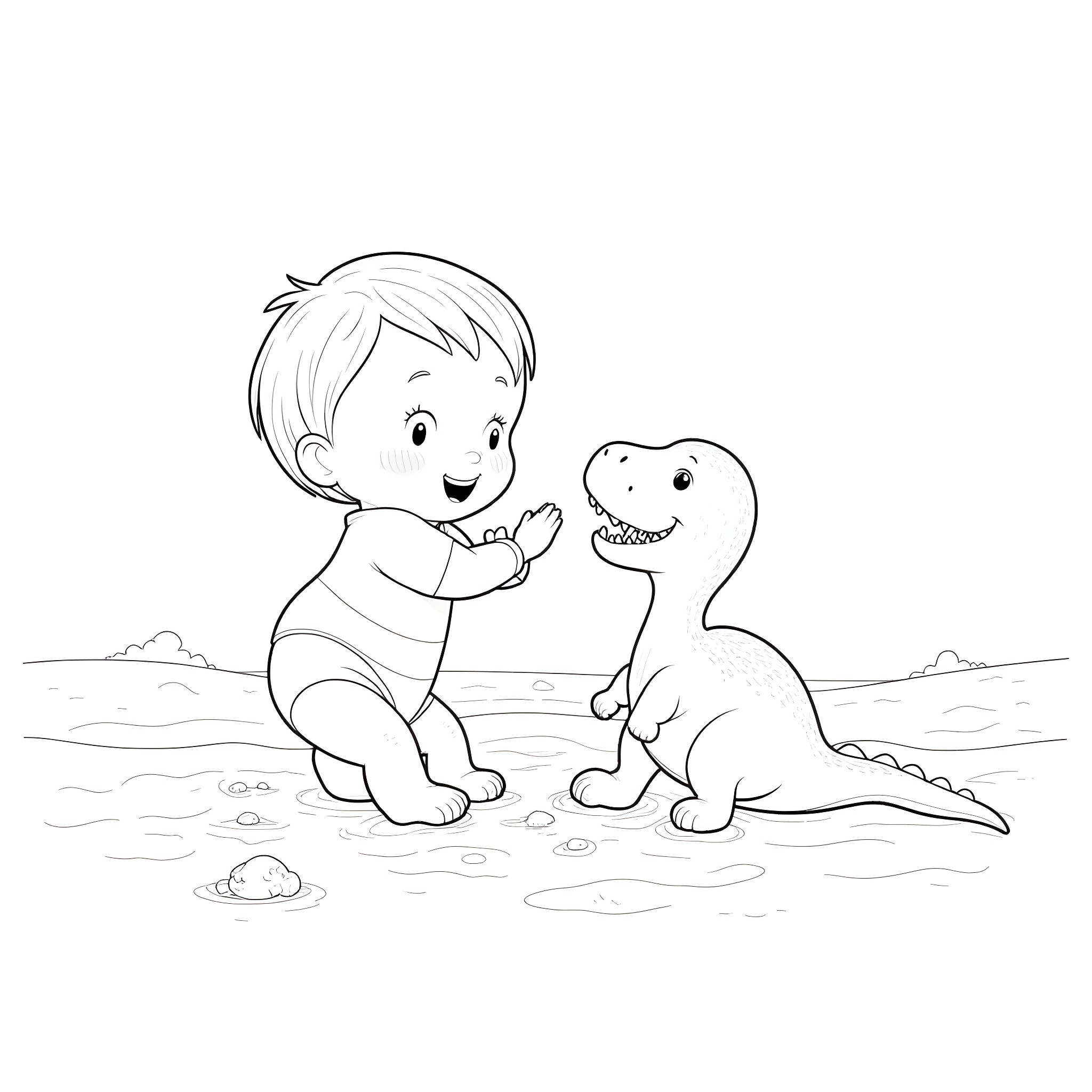 Baby playing happily with a dinosaur Coloring Page (free black-and-white line drawing printable PDF for all, from beginners to advanced learners, including children, teens, adults, and seniors)