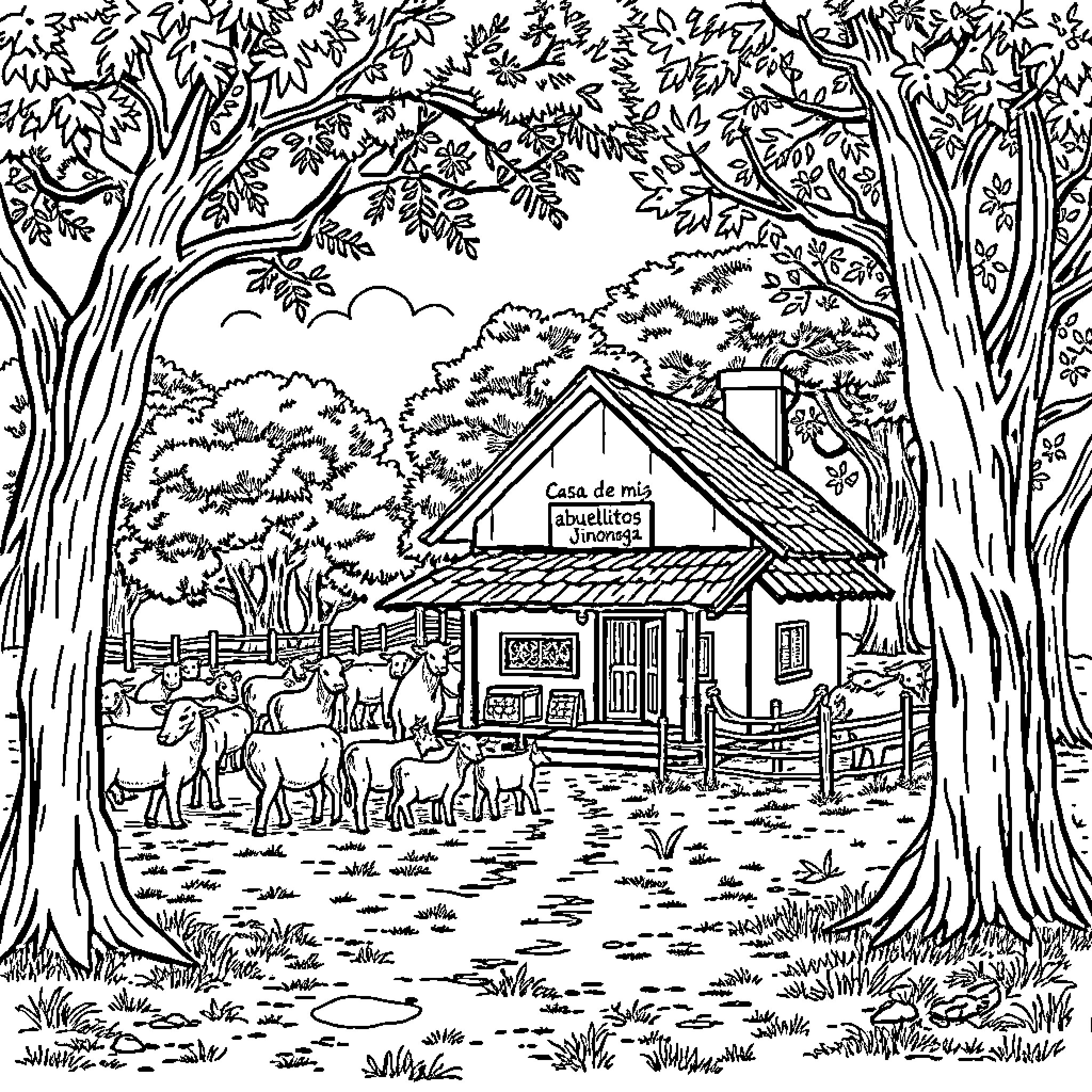 Casa de campo com animais em uma floresta Coloring Page (free black-and-white line drawing printable PDF for all, from beginners to advanced learners, including children, teens, adults, and seniors)