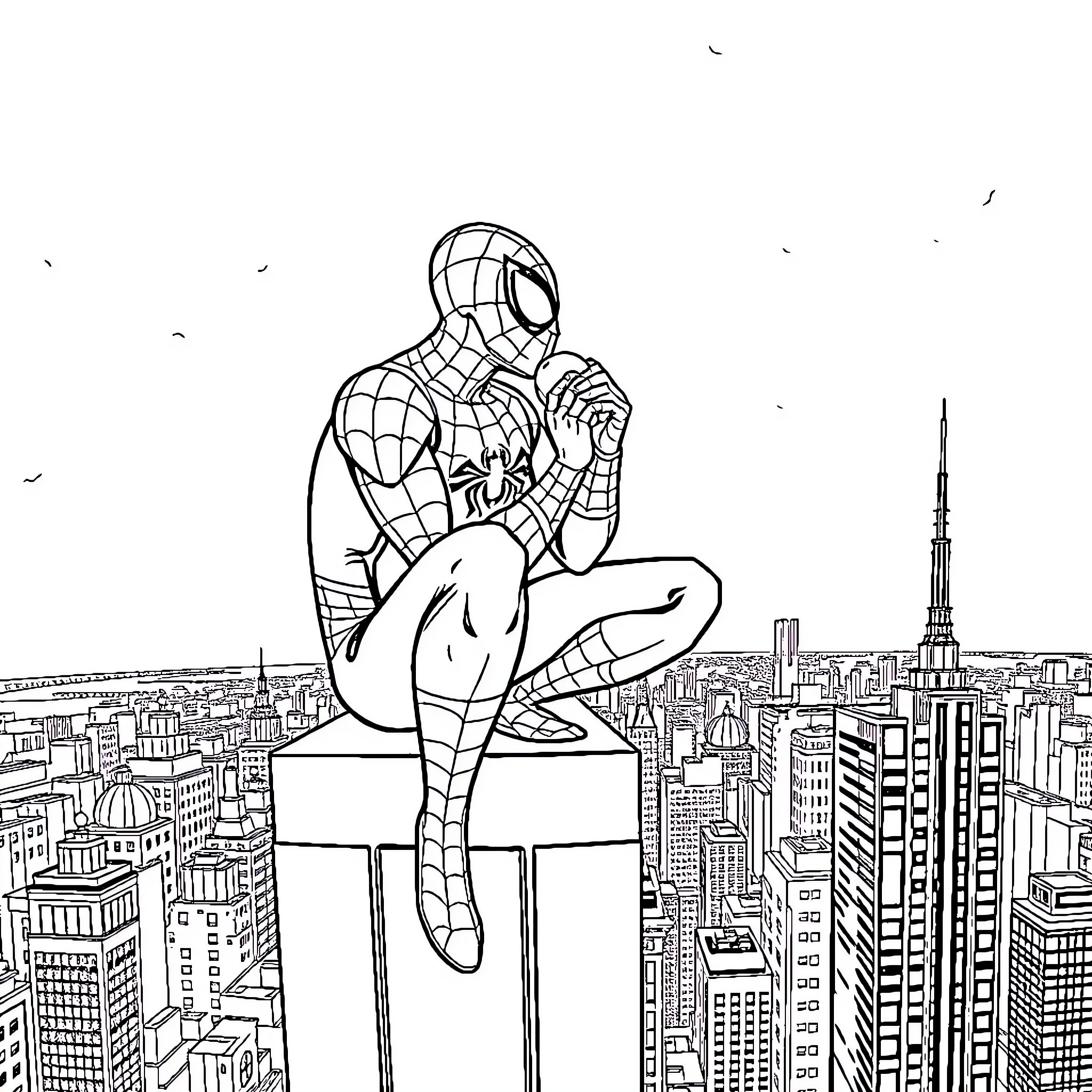 Spiderman overlooking the city skyline Coloring Page (free black-and-white line drawing printable PDF for all, from beginners to advanced learners, including children, teens, adults, and seniors)