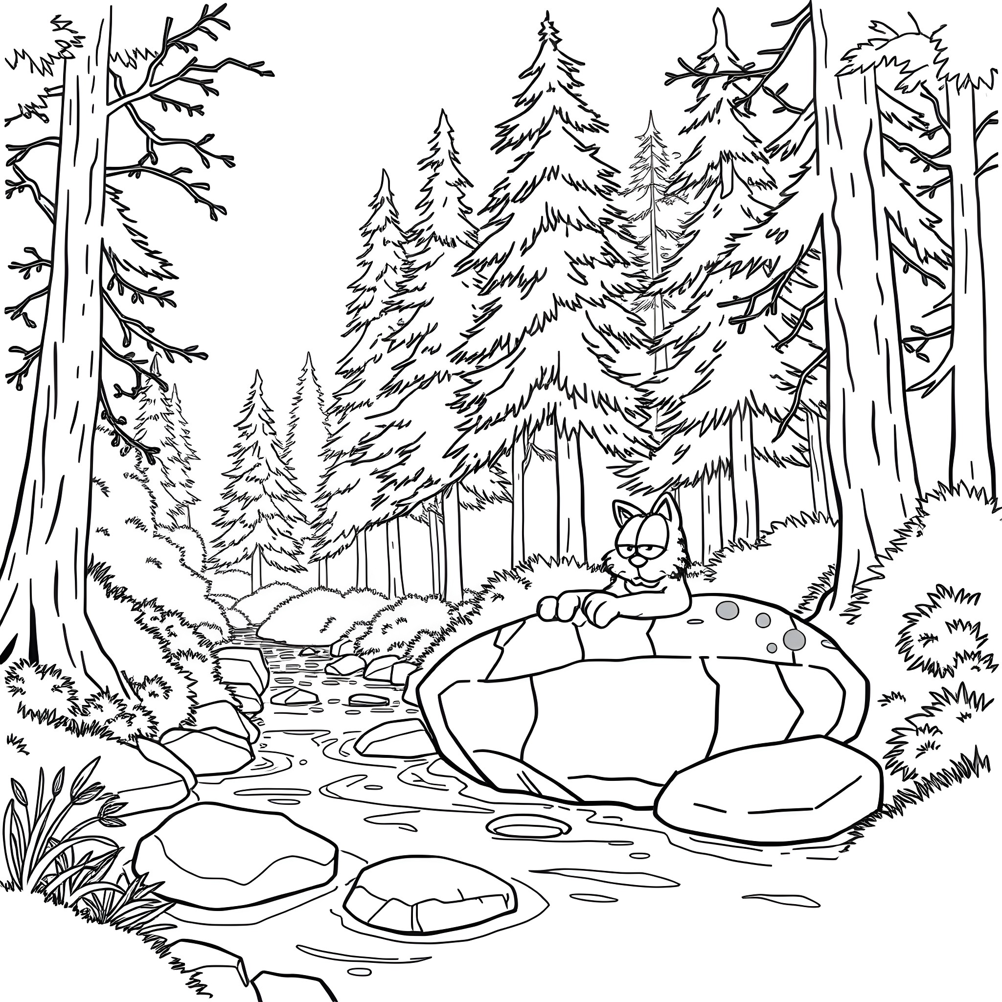 Garfield relaxing in the peaceful forest Coloring Page (free black-and-white line drawing printable PDF for all, from beginners to advanced learners, including children, teens, adults, and seniors)
