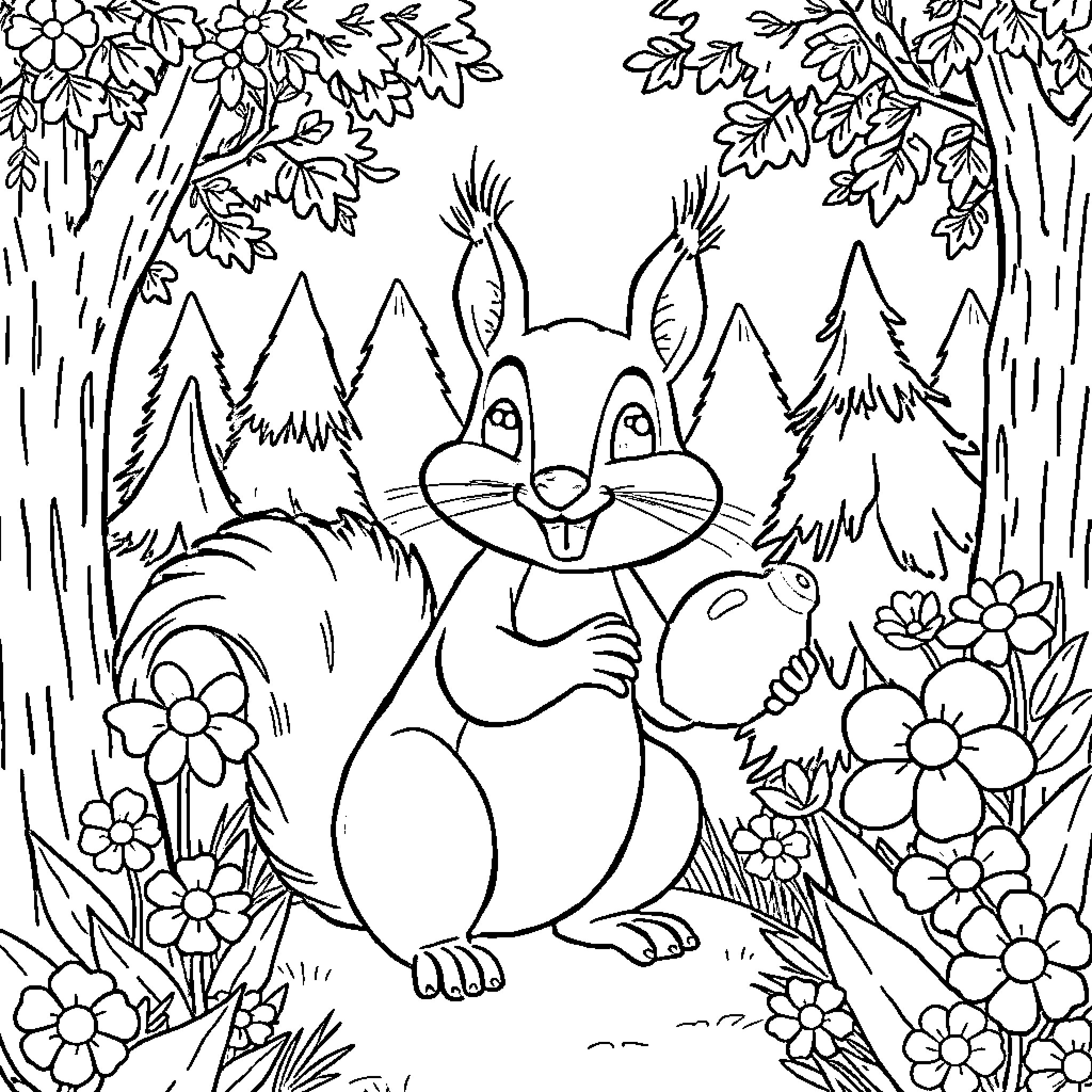 Squirrel exploring the enchanting forest Coloring Page (free black-and-white line drawing printable PDF for all, from beginners to advanced learners, including children, teens, adults, and seniors)