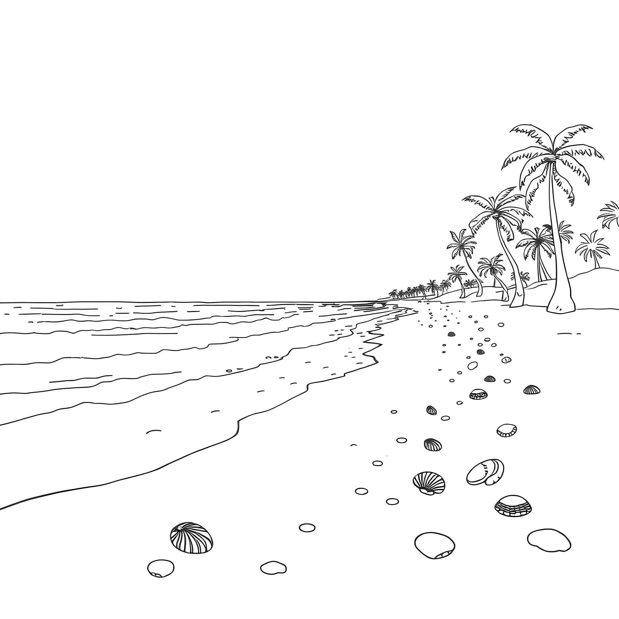 Beach with palm trees and seashells Coloring Page (free black-and-white line drawing printable PDF for all, from beginners to advanced learners, including children, teens, adults, and seniors)
