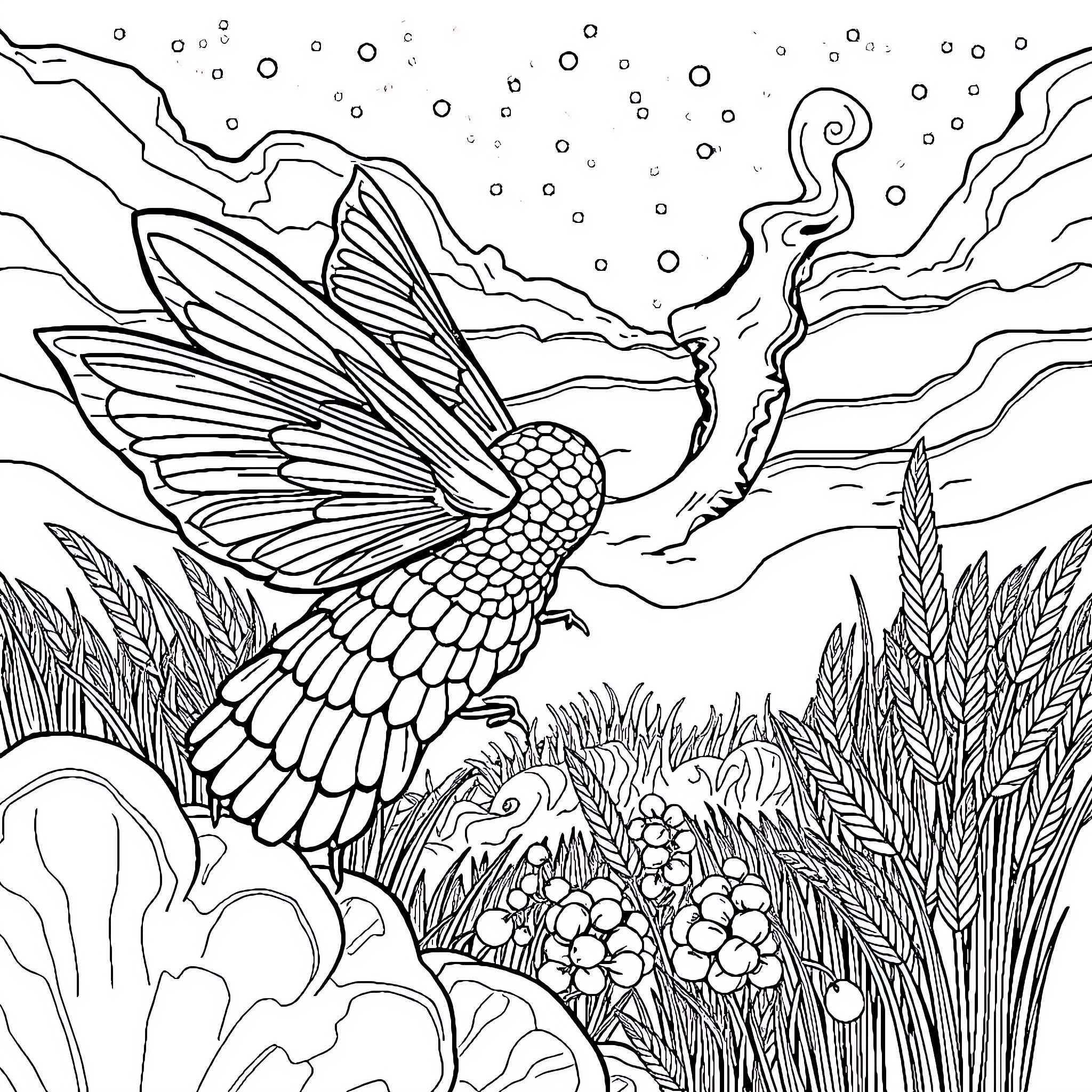 Moissonneuse Bird Soaring Through Whimsical Landscape Coloring Page (free black-and-white line drawing printable PDF for all, from beginners to advanced learners, including children, teens, adults, and seniors)