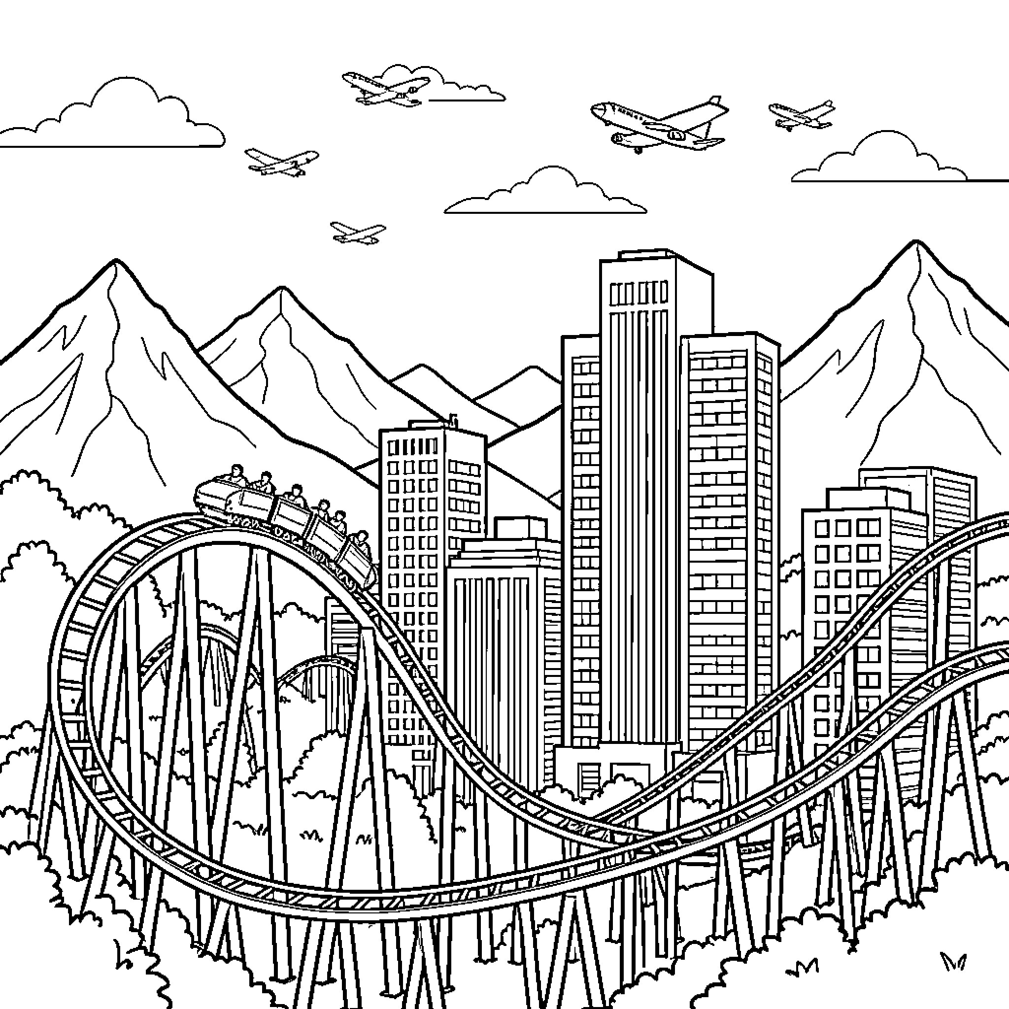 Mountain Roller Coaster speeding through a city skyline Coloring Page (free black-and-white line drawing printable PDF for all, from beginners to advanced learners, including children, teens, adults, and seniors)