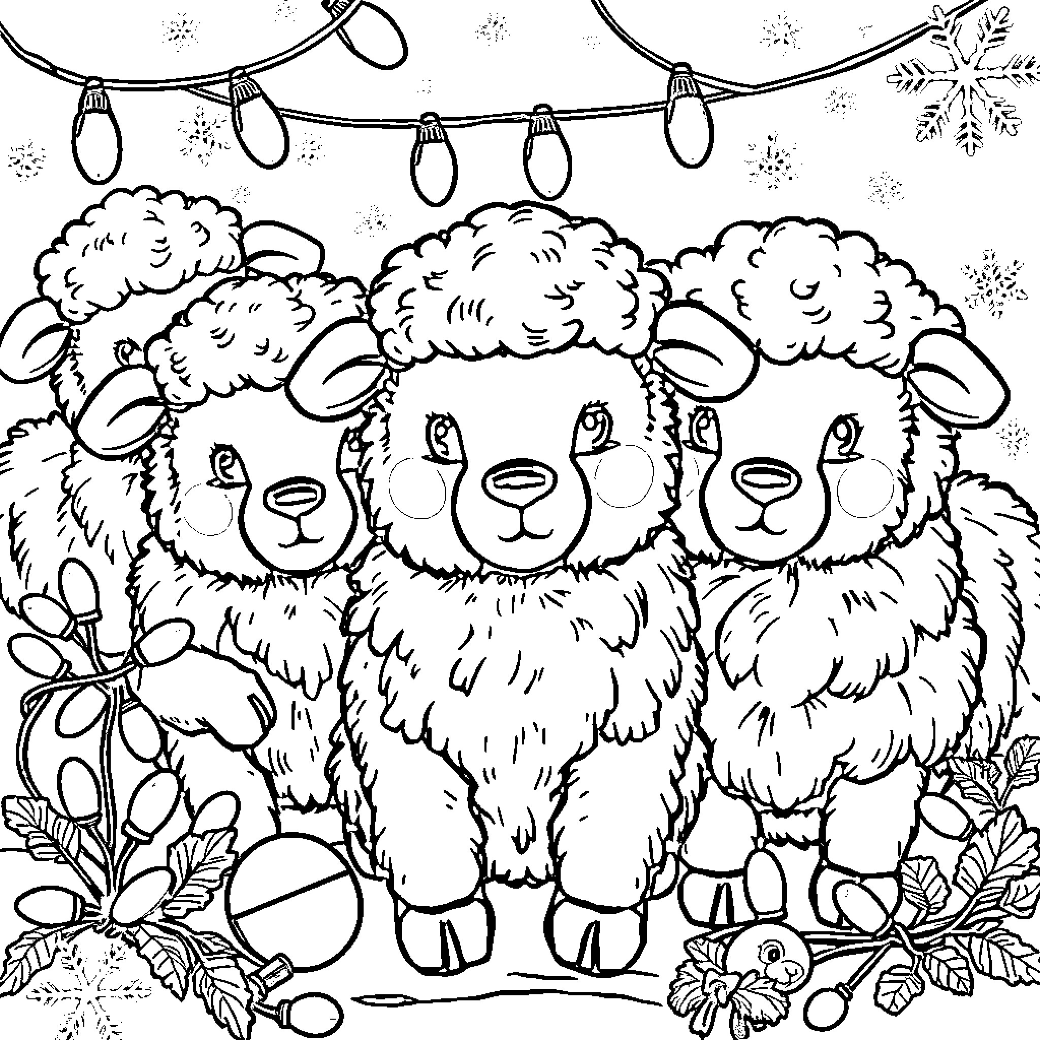 Sheep celebrating with festive lights Coloring Page (free black-and-white line drawing printable PDF for all, from beginners to advanced learners, including children, teens, adults, and seniors)