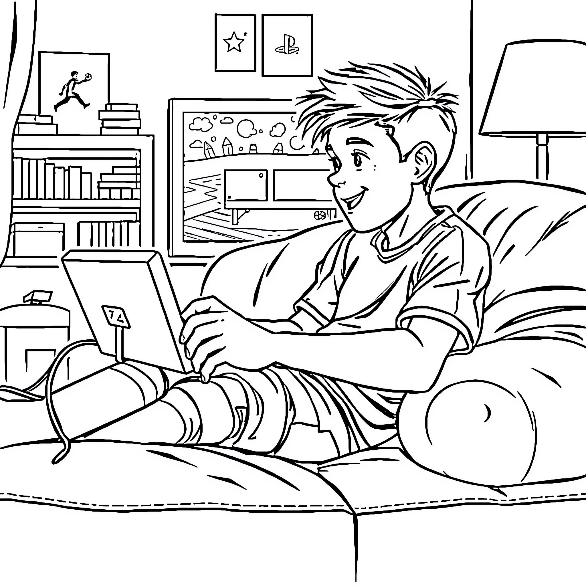 Reptincel's Relaxing Gaming Session Coloring Page (free black-and-white line drawing printable PDF for all, from beginners to advanced learners, including children, teens, adults, and seniors)