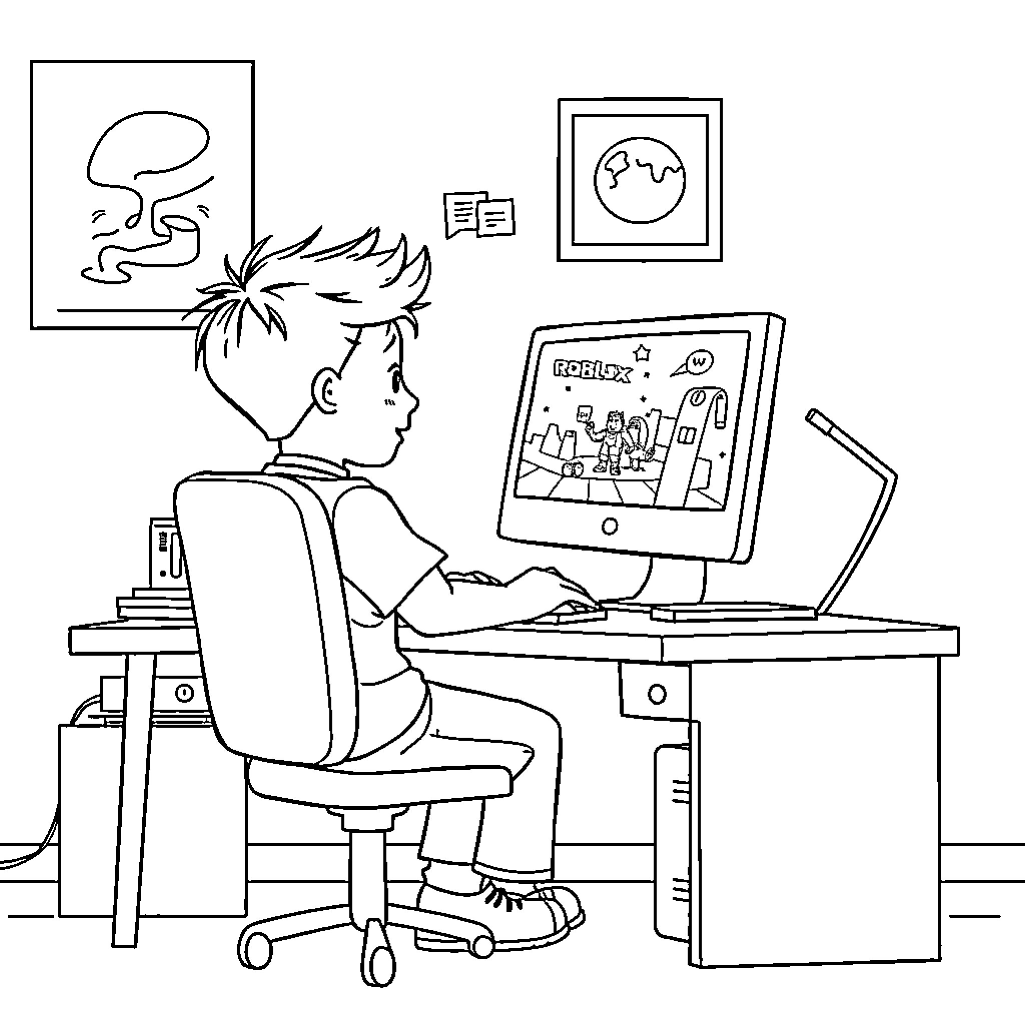 Boy using computer and playing video game in room Coloring Page (free black-and-white line drawing printable PDF for all, from beginners to advanced learners, including children, teens, adults, and seniors)