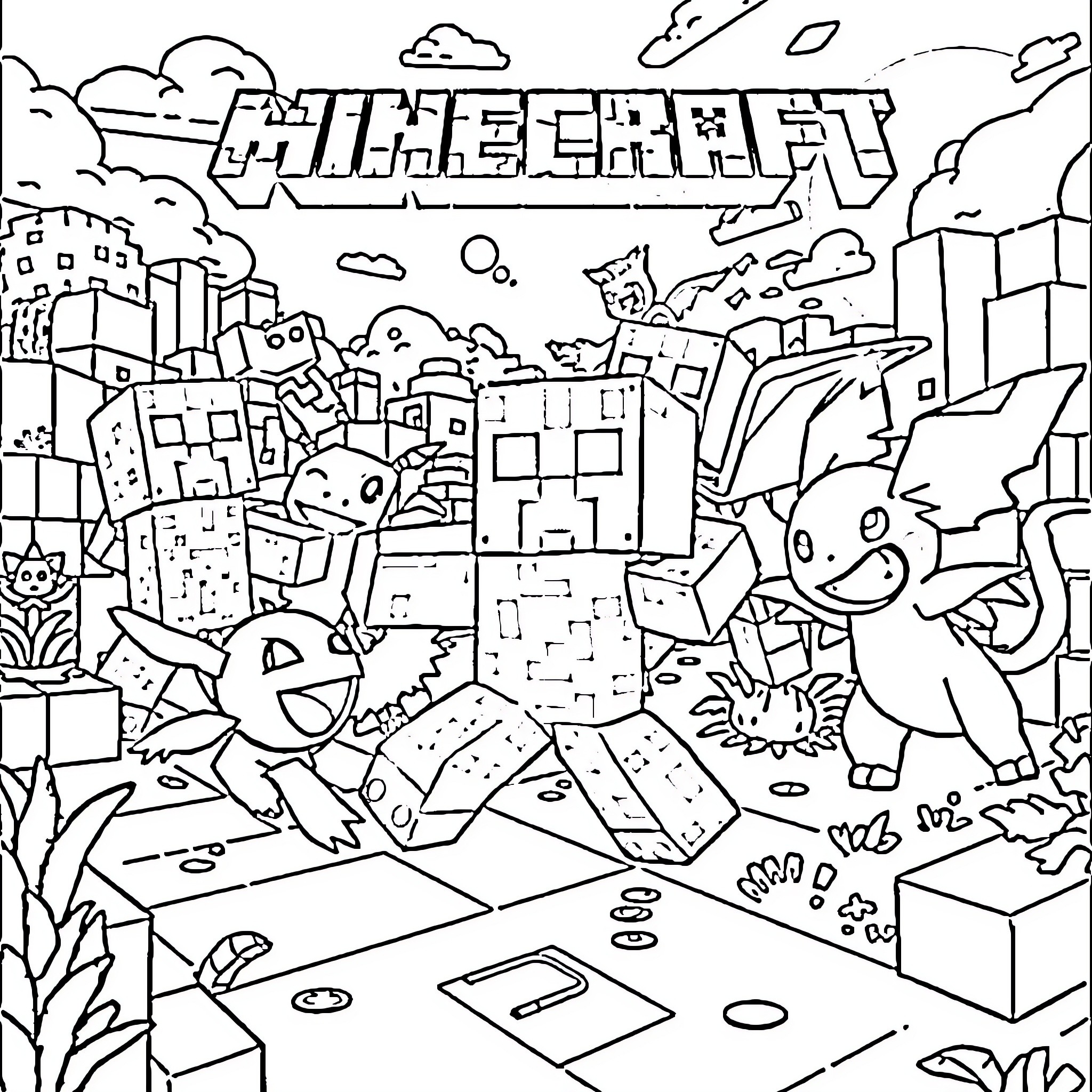 Creeper exploring the bustling Minecraft world Coloring Page (free black-and-white line drawing printable PDF for all, from beginners to advanced learners, including children, teens, adults, and seniors)