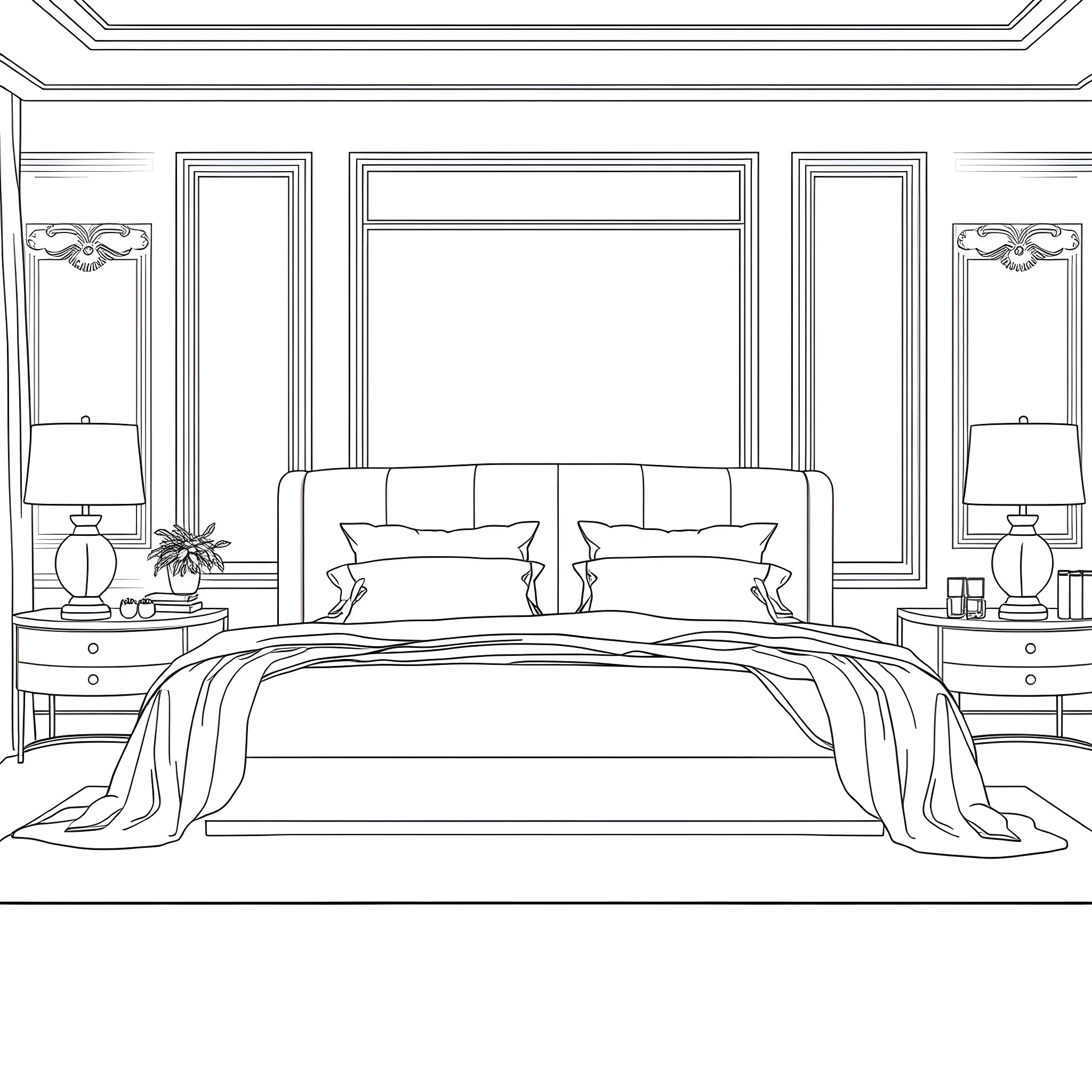 Flat Bed Room with Elegant Decor Coloring Page (free black-and-white line drawing printable PDF for all, from beginners to advanced learners, including children, teens, adults, and seniors)