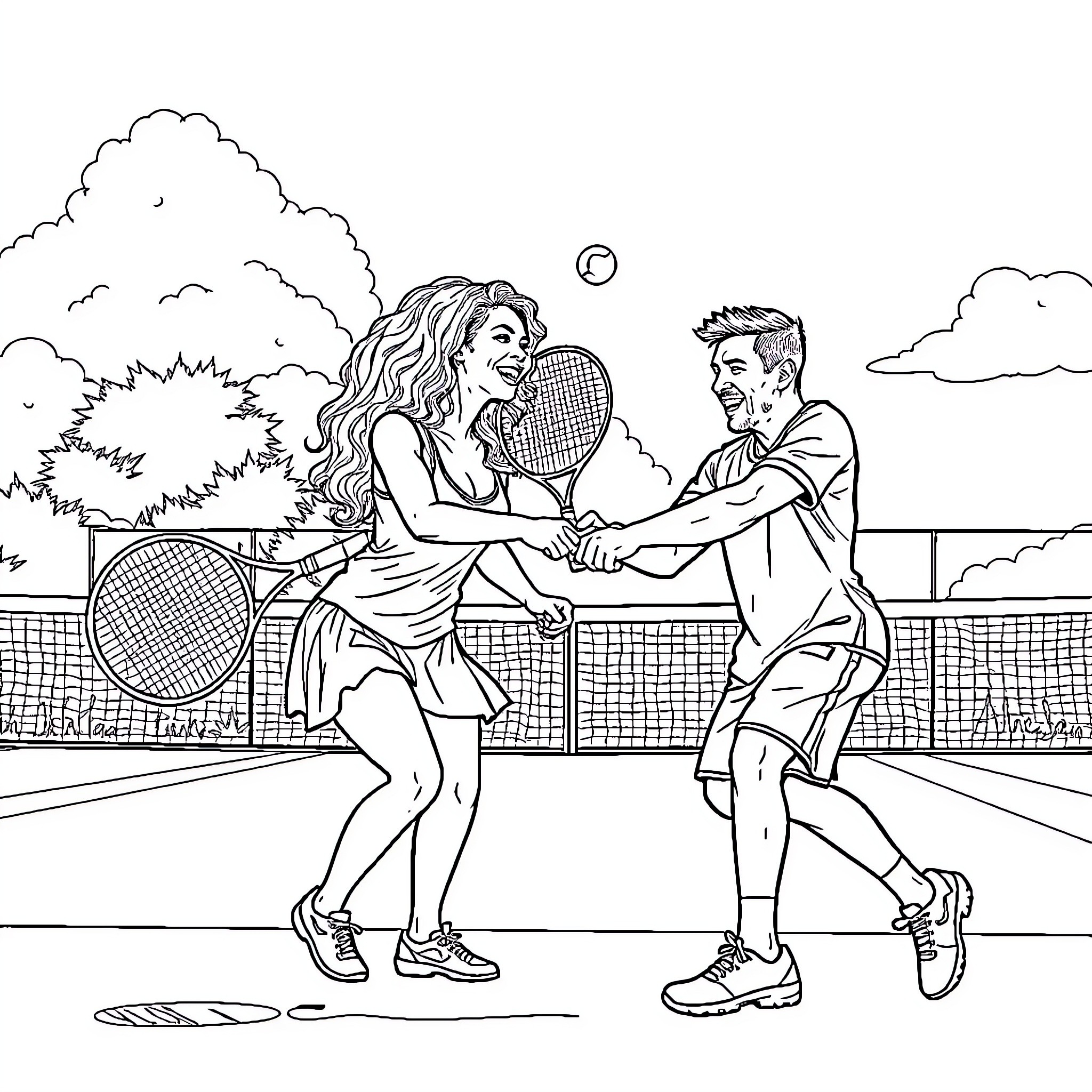 Beyonce playing tennis with a partner on the court Coloring Page (free black-and-white line drawing printable PDF for all, from beginners to advanced learners, including children, teens, adults, and seniors)